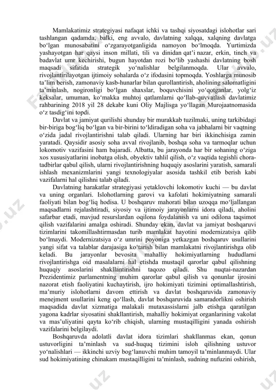 h qachon siyosat ortida qolmasligi kerak, ya’ni iqtisodiyot siyosatdan ustun bo’lishi kerak. shuningdek, ichki, tashqi va iqtisodiy munosabatlarni mafkuradan holi etishni ta’minlash zarur; ikkinchidan, o’tish davrida davlat asosiy islohotchi bo’lishi lozim. u islohotlarning ustuvor yo’nalishlarini belgilab berishi, o’zgarishlar siyosatini ishlab chiqishi va uni izchillik bilan amalga oshirishi shart; uchinchidan, qonun ustuvorligiga erishish, qonunlarga qat’iy rioya etish lozim. buning ma’nosi shuki, demokratik yo’l bilan qabul qilingan yangi konstitutsiya va qonunlarni barcha hech istisnosiz hurmat qilishi va ularga og’ishmay rioya etishi lozim; to’rtinchidan, aholining demografik tarkibini hisobga olgan holda kuchli ijtimoiy siyosat o’tkazish kerak. beshinchidan, bozor iqtisodiyotiga o’tish iqtisodiyotning ob’ektiv qonun-larini e’tiborga olib, yaqin o’tmishdagi “inqilobiy sakrashlar”siz, ya’ni evolyutsion yo’l bilan puxta o’ylab, bosqichma-bosqich amalga oshirilishi kerak. bozor iqtisodiyotini shakllantirishning evolyutsiya yo’lining tanlab olinganligi o’zining an’anaviy og’ir-bosiqligi, puxta o’ylab qaror qabul qilishga ruhan moyilligi hamda tinchliksevarligi tufayli bir holatdan ikkinchisiga, ayniqsa turmush tarzida, sakrab o’tishga rag’bati yo’q o’zbek xalqining fikrlash tarziga aynan …