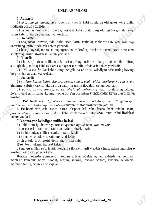 oila kabi; f) ea: teatr, okean, laureat kabi; 2) ae, oe unlilar so‘z ichida kelganda ikkinchi unli y aytilsa ham, asliga muvofiq e yoziladi: aerostat, poema kabi. boshqa hollarda yonma-yon kelgan unlilar odatda aynan aytiladi va yoziladi: manfaat, kauchuk, aorta, saodat, burjua, shuaro, inshoot, sanoat, vakuum, muammo, matbuot, tabiiy, rioya va boshqalar. telegram kanalimiz: @ona_tili_va_adabiyot_n1 undoshlar imlosi 8. bb harfi: 1) bobo, bahor, bir, majbur, zarb kabi so‘zlarda jarangli portlovchi lab undoshini ifodalash uchun yoziladi; 2) kitob, yuzlab, kelib kabi so‘zlar oxirida p aytilsa ham, b yoziladi; 3) qibla, tobla kabi so‘zlarda ba’zan v aytilsa ham, b yoziladi. 9. pp harfi paxta, pichoq, opa, tepa, tup, yop kabi so‘zlarda jarangsiz portlovchi lab undoshini ifodalash uchun yoziladi. 10. vv harfi: 1) ov, suv, kuyov; ovoz, savol; volida, vatan kabi so‘zlarda ovozdor sirg‘aluvchi lab undoshini ifodalash uchun yoziladi; 2) avtobus, avtomat kabi o‘zlashma so‘zlarda v ba’zan f aytilsa ham, v yoziladi. 11. …