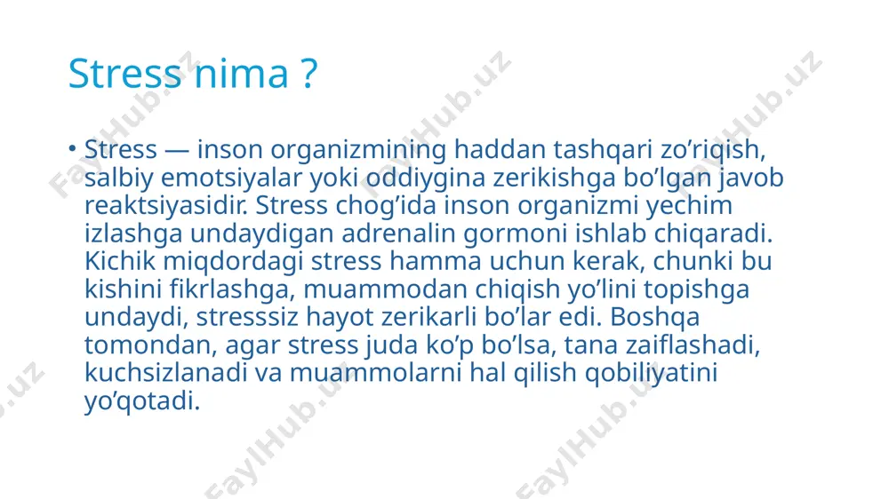 tan olishi va yechimga yo’naltirilgan yondashuvni ishlab chiqishi kerak. buning uchun stressli hududda rejalashtirish va dasturlash, agar kerak bo’lsa, muammolarni hal qilish uchun yordam so’rash, yordam beradigan odamlar bilan gaplashish, stressni kuchaytiradigan vaziyatlardan qochish, tinch va osoyishta muhit yaratish kerak. stress qanday oʻtadi 🤔 kurashni rag’batlantirish va kerakli xatti-harakatni amalga oshirish uchun o’z-o’zini taklif qilish usulini qo’llash. o’z-o’zini taklif qilish usulida har doim o’z fikrlarini ijobiy tarzda tartibga solishga harakat qilish kerak. hamma narsaga imkon qadar ijobiy nuqtai nazardan qarash va haqiqiy bo’lmagan fikrlash shakllariga qarshi kurashish muhimdir stress bilan qanday shugʻullanish kerak shu munosabat bilan odamga og’riqli voqealarni eslatuvchi vaziyatlardan qochish, mushaklarning kuchlanishini kamaytirish uchun mashq qilish, ruhiy xotirjamlik uchun chuqur nafas olish mashqlarini qo’llash, bo’sh vaqtida unga zavq bag’ishlaydigan mashg’ulotlar bilan shug’ullanish, ijtimoiy va psixologik agar kerak bo’lsa, qo’llab-quvvatlash. stress bilan qanday shugʻullanish kerak stress bilan kurashish usullari juda foydali, ammo ba’zi hollarda odam mutaxassis yordamiga muhtoj bo’lishi …