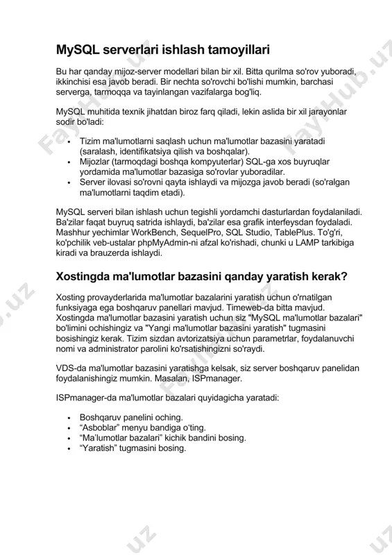 beradi. ma'lumotlar va ularning miqdori o'rtasidagi bog'lanishning o'ziga xosligidan qat'i nazar, server har qanday murakkablikdagi so'rovlarni boshqa ma'lumotlar bazalariga qaraganda tezroq qayta ishlaydi. · bu mashhur nomga aylandi va shu bilan birga, sanoatda ma'lum bir standartga aylandi. kompaniyalar mysql bilan ishlay oladigan xodimlarni qidirmoqdalar; internet mysql serverlari bilan ishlash bo'yicha ko'rsatmalar bilan to'la. · huquqlarni berish tizimi va foydalanuvchilarni boshqarishning ilg'or tizimi tufayli yuqori darajadagi ma'lumotlarni himoya qilish tizimiga ega. xostingga asoslangan tekshirish va shifrlash ham mavjud. mysql xavfsizligi haqida ma'lumot ma'lumotlarni himoya qilish ikkita quyi tizim tomonidan ta'minlanadi: imtiyozlar jadvali va xavfsizlik plaginlari. birinchisi ma'lumotlarning bir qismini ma'lum bir foydalanuvchilar guruhidan himoya qilish uchun kerak. u so'rov yuborayotgan mijozlarni tizimga kirishga majbur qiladi, shunda u mijozning so'ralgan ma'lumotni olish huquqini tekshirishi mumkin. ya'ni, cheklangan miqdordagi mijozlar bazani to'liq boshqarishi mumkin. agar so'ralsa, siz ma'lum bir doiradagi mijozlarga jadvallarga biron bir o'zgartirish kiritishni yoki ulardan ma'lumotlarni o'chirishni taqiqlashingiz mumkin, lekin …
