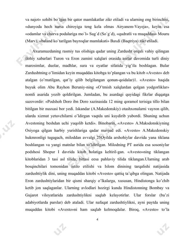 yana tiklana boshlangan va yangi matnlar bilan to’ldirilgan. milodning pt asrida esa sosoniylar podshosi shopur i davrida kitob holatiga keltiril-gan. «avesto»ning tiklangan kitoblaridan 3 tasi asl tilida, bittasi eesa pahlaviy tilida tiklangan.ularning arab bosqinchilari tomonidan istilo etilishi va islom dinining tarqalishi natijasida zardushtiylik dini, uning muqaddas kitobi «avesto» qattiq ta’qibga olingan. natijada eron zardushtiylaridan bir qismi sharqiy o’lkalarga, xususan, hindistonga ko’chib ketib jon saqlaganlar. ularning avlodlari hozirgi kunda hindistonning bombay va gujarot viloyatlarida zardushtiylikni saqlab kelayotirlar. ular forslar (ba’zi adabiyotlarda parslar) deb ataladi. ular nafaqat zardushtiylikni, ayni paytda uning muqaddas kitobi «avesto»ni ham saqlab kelmoqdalar. biroq, «avesto» to’la saqlanmagan. uning 21 kitobidan diniy marosimlar uchun eng zarur deb hisoblangan, odatda, asosan, diniy jamoalarda yod olinadigan qismlarigina saqlangan, xolos. biz yuqorida avestoning tiklangan kitoblari haqida qayd yetib o’tgan edik. bu tiklangan (4 ta kitob) kitoblarning birinchisi «vadovdot» (devlarga qarshi qonun) deb ataladi. u 22 bob bo’lib, asosan zardusht bilan axuramazdaning savol-javoblari …