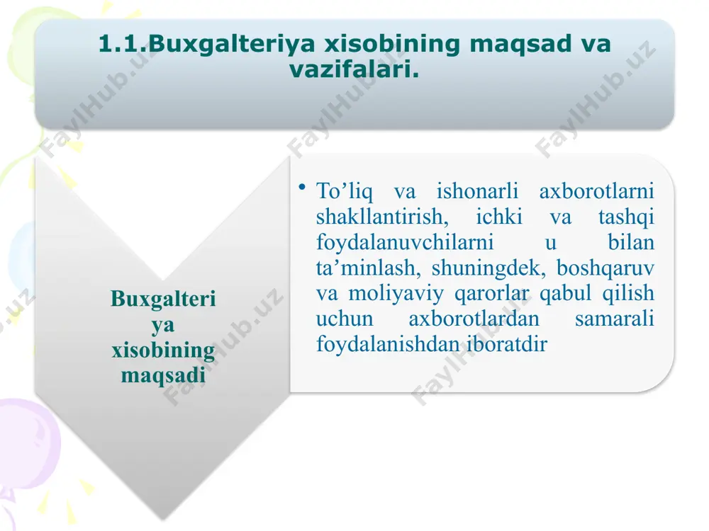а хўжалик маблағларининг келар манбаларининг мазмуни ўзгаради. a= + п ; - п хўжалик жараёнлари туфайли баланс нинг ҳар иккала томони бир хил суммага кўпаяди ва баланс ўз тенглигини сақлаб қолади. бунда хўжалик маблағлари ва уларнинг келар манбаларининг баланс қиймати бир хил суммага кўпаяди. +a = +p 2. хўжалик жараёнлари туфайли баланснинг ҳар иккала томони бир хил суммага камаяди ва баланс ўз тенглигини сақлаб қолади. бу ерда хўжалик маблағлари ва уларнинг келар манбаларининг баланс қиймати бир хил суммага камаяди. - a = - p хўжалик жараёнлари натижасида балансдаги икки томонлама ўзгаришлар қуйидаги икки турга ажратиш мумкин: ишлаб чиқариш корхоналарида активлар ҳисобини юритишда қуйидагича қийматлардан фойдаланилади. бошланғич қиймат жорий қиймат асосий воситаларни харид қилиш, келтириш, ташиш, ўрнатиш ва умуман фойдаланиш ҳолатига келтириш билан боғлиқ бўлган харажатлар йиғиндисидан иборат. маълум бир муддатга амалдаги бозор баҳоларига мослаштирилган асосий восита қиймати ёки манфаатдор томонлар ўртасида алмашиладиган асосий восита суммаси. tabayev a.z эътиборингиз учун рахмат! …