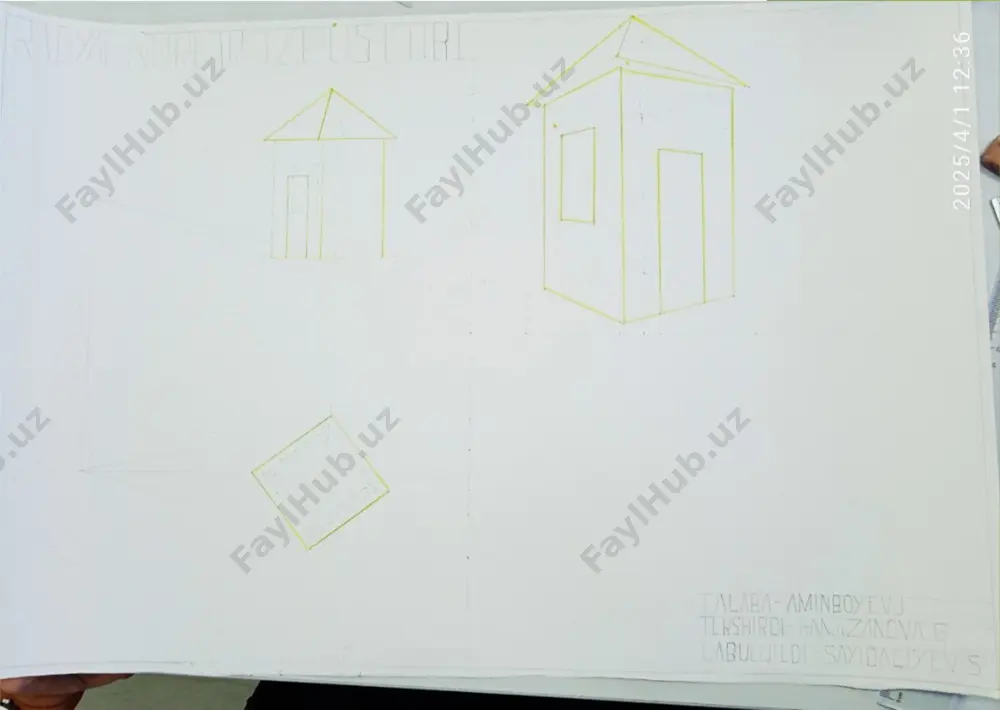 siyalar tekisliklaridagi ko‘rish nurlari profit proyeksiyalar (kartina) tekisligida mos ravishda kesishib, obyekt perspektivasini hosil qiladi. bu usul o'zining sodda va tushunarliligi bilan qulay hisoblanadi. ammo kartina tekisligi sifatida profil proyeksiyalar tekisligi olinganda obycktni burib tasvirlashga to‘g‘ri keladi va bu holat usulning kamchiligi hisoblanadi. kartina tekisligi sifatida frontal proyeksiyalar tekishgi olinganda obyekt perspektivasi bilan uning fasadi ustma-ust tushib qoladi va bu tasvir sifatini buzadi hamda uni o‘qishni qiyinlashtiradi. shu sababli, ushbu usuldan simmetriya o‘qiga ega bo‘lgan va konstruktsiyasi uncha murakkab bo'lmagan obyektlaming perspektivasini qurishda foydalaniladi. obyekt kuzatuvehi va kartina tekisligi orasiga joylashtirilsa, uning perspektivasi o‘zidan kattalashgan, kartina tekisligi kuzatuvehi va obyekt orasiga joylashtirilsa, obyekt perspektivasi o‘zidan (o‘z o‘lchamidan) kichiklashgan holatda hosil bo‘ladi. bu usulning asosiy mohiyati shundan iboratki, s ko‘rish nuqtasidan chiqayotgan nurlar narsa orqali o‘tib, kartina tekisligi bilan kesishib, iz qoldiradi. bu izlar yig‘indisi tekislikdagi tasvir hisoblanadi (6.6-rasm). birinchi holatda tasvir narsaning o‘zidan katta, ikkinchi holatda narsaning tasviri o‘zidan kichik …
