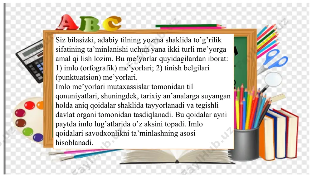 turdilar, – ul sizningdur, biz olmaymiz... illo, bizga ash’oridin aytsin. aytmaydur, – deyishdi chollar. – qo’rg’onimiz atrofida yer quchib nigun bo’lgan yarim elatimiz hurmati, hozir olloh aning dilig’a hikmat kalomini solmag’ay... norasidani ko’rdingmu? – dedilar sohibqiron bosh ko’tarmay. alar dunyo ishlari ila tamom band. men alarga ilohiy sehriyat borligini eslatib, dillarini tikanak sim yanglig’ chirmagan dunyo ishlaridin sal chalg’itishga urunamen. dayrda ko’p savob-u gunoh ishlarni qildik. har neki bo’lsa, ollohning madadi, bandasining tadbiri biladur. (asqad muxtor) 27-mashq. yozma nutqning to’g’riligiga ta’sir etayotgan o’rinlarga diqqat qiling, so’zlardagi imlo xatolarini aniqlang. it beparvo, eshaklarga yondash ketyapti, goho uchgan qushlar ovoziga diqqat qilib, shalpang quloqlarini dikkaytiradi, hamrohlariga ma’nodor qaraydi, so’ng yana lo’killab yo’lida davom etadi. (sh. xolmirzayev) hammasi tinch, salom deb yuborishdi... – dedi rahim saidov masalaga qanday yondoshishni o’ylar ekan. (o’. umarbekov) mahallada katta tayyorgarlik bilan o’tqazilgan tadbirda keksa-yu yosh faol ishtirok etdi. (gazetadan) bahor kelishi bilan bog’larda ko’chat o’tkazish ishlari avj …