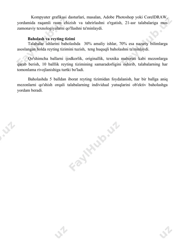 sh va ularning estetik qarashlarini kengaytirishga xizmat qiladi. vizual san'atni o'qitishda 5-7 yoshli bolalar uchun 3d modellashtirish, plastilin yoki loy bilan ishlash kabi amaliy mashg'ulotlarni qo'llash ijodiy fikrlashni va fazoviy tasavvurni rivojlantirishga yordam beradi. kompyuter grafikasi dasturlari, masalan, adobe photoshop yoki coreldraw, yordamida raqamli rasm chizish va tahrirlashni o'rgatish, 21-asr talabalariga mos zamonaviy texnologiyalarni qo'llashni ta'minlaydi. baholash va reyting tizimi talabalar ishlarini baholashda 30% amaliy ishlar, 70% esa nazariy bilimlarga asoslangan holda reyting tizimini tuzish, teng huquqli baholashni ta'minlaydi. qo'shimcha ballarni ijodkorlik, originallik, texnika mahorati kabi mezonlarga qarab berish, 10 balllik reyting tizimining samaradorligini oshirib, talabalarning har tomonlama rivojlanishiga turtki bo'ladi. baholashda 5 balldan iborat reyting tizimidan foydalanish, har bir ballga aniq mezonlarni qo'shish orqali talabalarning individual yutuqlarini ob'ektiv baholashga yordam beradi. 📌xulosa тасвирий санъат ўқитишдаги турли усул ва техникаларни муваффақиятли қўллаш, ўқувчиларнинг ижодий салоҳиятини ривожлантириш ва бадиий маданиятини юксалтиришга хизмат қилади. бу эса, ўз навбатида, уларнинг шахсий ривожланишига ва …
