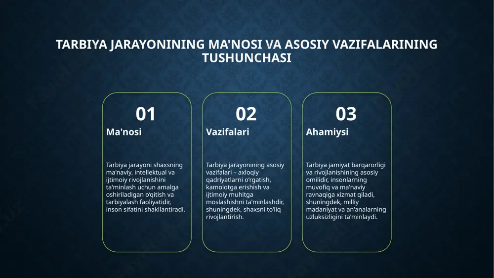 orligini baholash mezonlari 1 natijalar mezonlari - tarbiya jarayonining samaradorligini baholashda asosiy mezonlar o‘quvchilarning bilim va ko‘nikmalarga erishish darajasini, shuningdek, pedagogik yondashuvlarning samarasini o‘lchashga yordam beradi. 2 shaxsiy rivojlanish - bu mezon, tarbiyalash jarayonida yoshlarning shaxsiy sifatlari, ijtimoiy qobiliyatlari va muomala madaniyatining rivojlanishini aniqlash uchun qo‘llaniladi. 3 texnologiyalarning roli - zamonaviy pedagogik texnologiyalar yordamida baholash jarayonlari aniqroq va interaktiv bo‘lib, o‘quvchilarning individual ehtiyojlariga moslashtirilgan natijalarni taqdim etadi. tarbiya jarayonida yoshlar va ota-onalarning roli rollar va mas'uliyat yoshlar va ota-onalar tarbiya jarayonida faol ishtirok etib, o'z vazifalarini anglashlari, ta'lim sifatini oshirishda muhim rol o'ynaydi. o'zaro hamkorlik ota-onalar va yoshlar orasidagi samarali muloqot va hamkorlik, tarbiyadagi muhim omil bo'lib, yoshlarning shaxsiy va ijtimoiy rivojlanishini ta'minlaydi. texnologiyalardagi roli zamonaviy texnologiyalar yordamida ota-onalar va yoshlar tarbiya jarayonida yanada samarali va interaktiv usullar bilan birga ishlash imkoniyatiga ega. tarbiya jarayonini boshqarish va nazorat qilish usullari 1 monitoring va baholash tarbiya jarayonini nazorat qilish uchun doimiy …