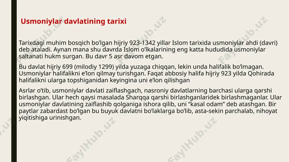 islom yurtlariga yurishlar, bosqinlar qilishgan edi, qizil dengizni ham qo’lga kiritishgan, hatto xijozni bosib olib, rasululloh sollallohu alayhi vasallamning qabrlarini egallab olishni ham rejalashtirishgandi. bu mash’um rejalarni usmoniylar barbod qilishdi. 4. usmoniylar andalus qulagandan keyinmag’rib yurtlariga ega chiqmoqchi bo’lib turgan ispanlarga ham qarshi turishdi. 5. usmoniylar o’rta osiyo va qora dengiz mintaqalaridagi musulmonlarni ruslarga qarshi kurashda qo’llab-quvvatladilar. 6. usmoniylar imperatorligi sionizmga ham qarshi turdi. yaxudiylar uzoq davrlardan beri falastinda davlat qurish niyati bilan yashar edilar. o’sha davrda ularning bu boradagi faoliyati yanada kuchaydi. aytilishicha, ular falastindan yer olish maqsadida sulton abdulhamid ii ga juda ko’p mol-mulk, aql bovar qilmas boyliklar va’da qilishgan. lekin sulton abdulhamid ii bu gaplarning birortasiga uchmagan va qattiq turib, ularga falastindan bir qarich ham yer bermagan. usmoniylar yaxudiylarga misrning sino mintaqasida turishga ham ruxsat berishmagan. 7. usmoniylar imperatorligi safaviylar davlatining vakili bo’lgan rofiziy shiy’alariga qarshi ham ko’p urushlar qilishgan. musulmonlar ko’rfaz yurtlarida va iroqda rofiziylardan juda …