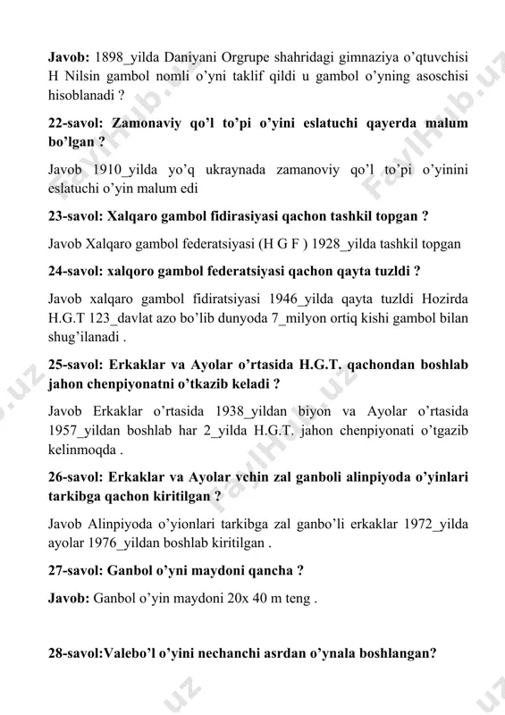 ayolar o’rtasida qachondan beri o’tgazilib kelinmoqda ? javob: o’zbekistonda gambol bo’yicha erkaklar va ayolar o’rtasida chenpionat 1992_yilda o’tgazilib kelinmoqda . 38-savol: o’zbekiston qo’l to’pi fediratsiyasi xalqaro va osiyo qo’l to’pi fediratsiyasiga qachon qabul qilngan ? javob: o’zbekiston qo’l to’pi fediratsiyasi xalqaro va osiyo qo’l to’pi fediratsiyasiga 1993-yili qabul qilindi . 39-savol: markaziy osiyo davlatlari kuliblar o’rtasida o’tgazilgan chenpiyonatda gandibolchi qizlar qaysi yilari g’alabaga erishgan ? javob: 1994_1996_yilarda markaziy osiyo davlatlari kulublari o’rtasida o’tgazilgan chenpiyanatda > (o’z djti) ganbo’lchi qizlar g’alabaga erishdilar . 40-savol: o’zbekiston jamolari o’rtasida sport o’yinlari bo’yicha birinchi marta jahon chenpiyanatida qatnashish huquqiga qachon ega bo’ldi ? javob: 1997_yilda iardaniyada o’tgazilgan osiyo chenpiyanatiga qatnashib o’zbekiston jamolar o’rtasida sport o’yinlari bo’yicha birinchi marta jahon chenpianatitda qatnashish huquqiga ega bo’ldi . 41-savol: jaxon ganbo’l fediratsiyasi tomonidan tasdiqlangan maxsus qoida asosida ganbo’l musobaqalari qachondan boshlab o’tgazib kelinadi ? javob: ganbo’l bo’yicha o’tkaziladigan musobaqalar 2001_yildan boshlab jaxon ganbo’l fediratsiyasi tomonidan tasdiqlangan maxsus …