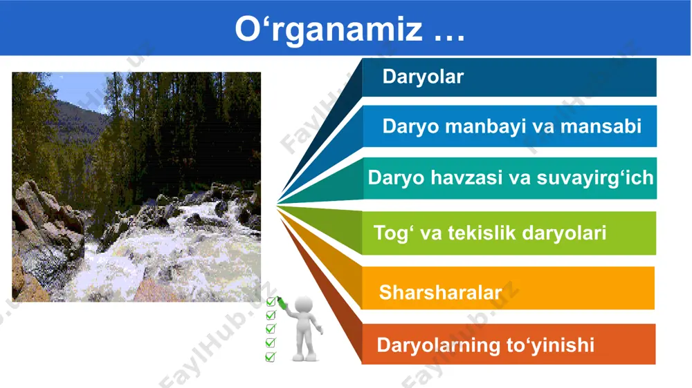 di. amazonka havzasi eng katta bo‘lib, maydoni 7 mln kv km. daryo havzasining chegarasi (suvayirg‘ich) daryo havzalari va suvayirg‘ich qo‘shni daryolar havzalarini bir-biridan ajratib turadigan chegara suvayirg‘ich deyiladi. suvayirg‘ichlar tog‘larning cho‘qqilariga, tekisliklarda esa balandroq joylarga to‘g‘ri keladi. suvayirg‘ich tog‘ va tekislik daryolari tog‘ daryolari tekislik daryolariga qaraganda juda tez oqadi, vodiylari tor va chuqur bo‘ladi. ko‘p daryolar tog‘lardan boshlanib, tekislikka oqib chiqadi va tekislik daryosiga aylanadi. bunday daryolarga sirdaryo, amudaryo va zarafshon daryolarini misol qilib ko‘rsatish mumkin. sirdaryo tyanshan tog‘larida 5000 m ga yaqin balandlikdan norin nomi bilan boshlanadi. tog‘ va tekislik daryolari daryolar tog‘lar orasidagi chuqur daralarda hayqirib oqadi. tekislikka chiqqanidan keyin keng o‘zanda yoyilib, sekin oqadi. daryolar tog‘lardan yemirib, oqizib kelgan tog‘ jinslari - katta toshlar o‘zanida cho‘kib qoladi. daryo tekislikka chiqqanda esa suvdan qum va loyqa cho‘kib qoladi. daryolar daryolar suvidan cho‘kindi jinslarning saralanib cho‘kishi qonuniyatini birinchi bo‘lib abu rayhon beruniy aniqlagan. sharsharalar daryolar suvi baland joylardan …
