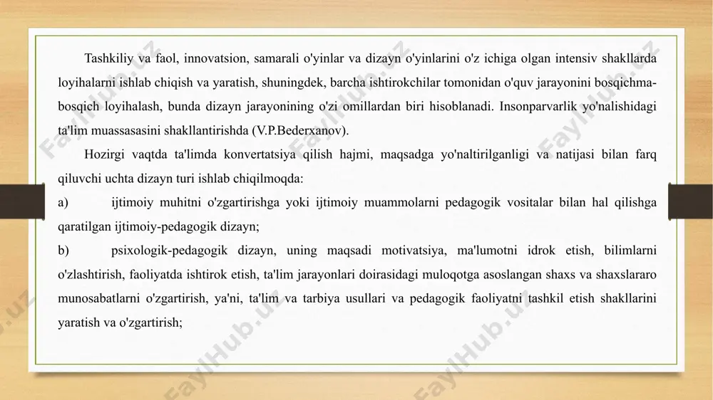 va jahon madaniyati durdonalari bilan tanishish, rang va tovush uyg'unligini o'rganish, vizual idrok etish qonuniyatlari, "ekran tasvirini" yaratish texnologiyasi. va boshqalar. "umrbod ta'lim" asosiy tamoyillardan biridir, ularsiz zamonaviy o'qituvchi jahon axborot hamjamiyatining rivojlanishi bilan hamqadam bo‘la olmaydi. o‘qituvchining media kompetensiyasini rivojlantirish, uning media madaniyatini shakllantirish talabaning media madaniyatini shakllantirishga ta’sir etuvchi ajralmas omil hisoblanadi. xulosa hayot va faoliyatning deyarli barcha sohalariga asta-sekin kirib boradigan kompyuterlashtirish zamonaviy odam, maktabgacha yoshdagi bolalarni tarbiyalash va o'qitishga yondashuvlarda o'ziga xos tuzatishlar kiritadi. mahalliy va xorijiy tadqiqotlar shuni isbotlaydiki, maktabgacha ta'lim muassasalarida bolaning intellektini va shaxsini rivojlantirish uchun kompyuterlardan foydalanish nafaqat mumkin, balki maqsadga muvofiqdir (s. novoselova, g. petcu, i. pashelite va boshqalar). axir, o'yin va o'rganish imkoniyatlari uchun katta salohiyatga ega bo'lgan kompyuter bolaga sezilarli ta'sir ko'rsatadi. ammo ta'sir faqat o'qituvchi (tarbiyachi), bola va kompyuter o'zaro ta'sir qilganda ijobiy bo'ladi. va agar bugungi kunda ular maktabgacha ta'lim muassasalarining o'quv jarayoniga kompyuterni joriy etishning maqbulligi …