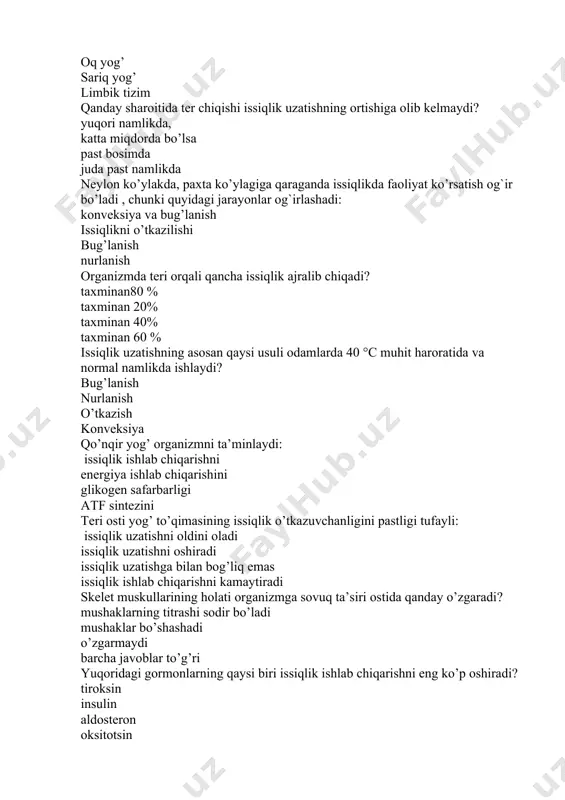 i bug’lanish nurlanish organizmda teri orqali qancha issiqlik ajralib chiqadi? taxminan80 % taxminan 20% taxminan 40% taxminan 60 % issiqlik uzatishning asosan qaysi usuli odamlarda 40 °c muhit haroratida va normal namlikda ishlaydi? bug’lanish nurlanish o’tkazish konveksiya qo’nqir yog’ organizmni ta’minlaydi: issiqlik ishlab chiqarishni energiya ishlab chiqarishini glikogen safarbarligi atf sintezini teri osti yog’ to’qimasining issiqlik o’tkazuvchanligini pastligi tufayli: issiqlik uzatishni oldini oladi issiqlik uzatishni oshiradi issiqlik uzatishga bilan bog’liq emas issiqlik ishlab chiqarishni kamaytiradi skelet muskullarining holati organizmga sovuq ta’siri ostida qanday o’zgaradi? mushaklarning titrashi sodir bo’ladi mushaklar bo’shashadi o’zgarmaydi barcha javoblar to’g’ri yuqoridagi gormonlarning qaysi biri issiqlik ishlab chiqarishni eng ko’p oshiradi? tiroksin insulin aldosteron oksitotsin atmosfera havosining namligi oshganda issiqlik uzatishining qaysi turining pasayishi kuzatiladi? bug’lanish. konveksiya. issiqlik o’tkazuvchanlik. nurlanishi. muhit harorati ko’tarilganda (tana haroratidan yuqori) issiqlik uzatish yo’llaridan qaysi biri amalga oshadi? terning bug’lanishi. nurlanishi. issiqlik o’tkazuvchanlik. konveksiya. chaqaloqlarda darhol issiqlik hosil bo’lishiga olib keladigan maxsus …