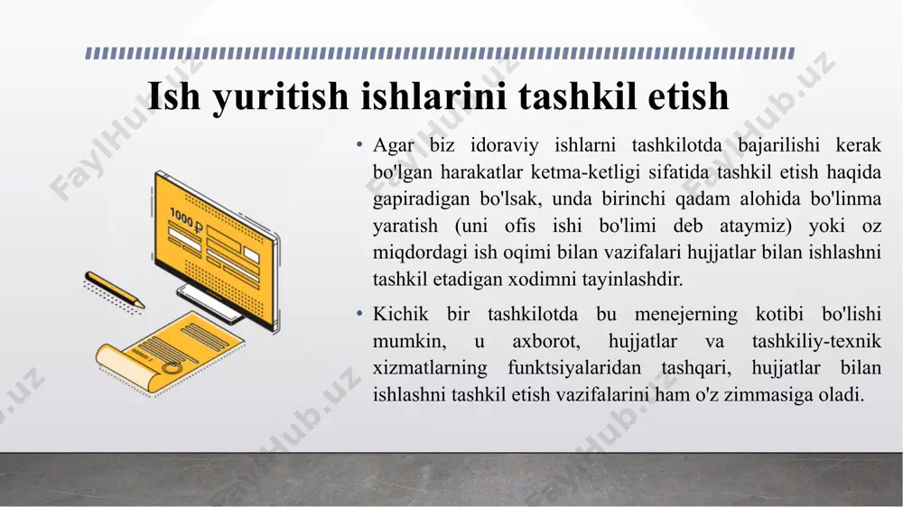 unda to'siqlar ko'rsatilgan bo'lishi mumkin: hujjatlarni yo'qotish; hujjatlar va tartiblarning takrorlanishi; tasdiqlashning uzoq muddati; hujjatlarni rasmiylashtirishga sarflangan pul va boshqalar. tahlil qilish tahlil shuningdek, biznes o'zaro munosabatlarining qaysi sohasi eng muhim ekanligini va elektron o'zaro ta'sirni tezroq amalga oshirishni talab qilishini tushunishga imkon beradi. agar jarayonlar bo'linma doirasida mahalliylashtirilgan yoki yuqori darajada ixtisoslashgan bo'lsa (masalan, jo'g'rofiy jihatdan uzoq savdo nuqtalarida kassa hujjatlarining bir qismini elektron hujjat aylanishiga o'tkazish). bunday holda, siz ed almashinuvini mahalliy amalga oshirishni ko'rib chiqishingiz mumkin, bu esa o'z navbatida edmsni amalga oshirish uchun pilot loyiha sifatida xizmat qilishi mumkin, kamroq vaqt va moliyaviy xarajatlarni talab qiladi. tahlil asosida texnik jihatdan amalga oshiriladigan maqsadli sxema ishlab chiqiladi. u kamida quyidagilarni ta'minlashi kerak: qulay qidiruv; hujjat bilan ishlashning barcha bosqichlarini operativ nazorat qilish; belgilangan rollarga muvofiq tahrirlash va tasdiqlash; shuningdek, biznesga xos talablar. tashkilotda elektron hujjat aylanishini bosqichma-bosqich joriy etish albatta, har qanday yangi jarayonni tashkil qilish kabi, …