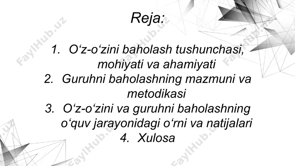 . 2. doimiy rivojlanish imkonini yaratadi: shaxs o‘z kuchli va zaif tomonlarini bilgan holda, o‘z oldiga maqsadlar qo‘yadi va ularni amalga oshirishga intiladi. 3. o‘quv motivatsiyasini oshiradi: o‘z bahosini bilgan shaxs tashqi rag‘batdan ko‘ra ichki intilishga asoslangan motivatsiya bilan harakat qiladi. 4. baholash jarayonining shaffofligini ta’minlaydi: o‘quvchilar va pedagoglar o‘rtasida ishonchli muloqot o‘rnatiladi. pedagogik faoliyatda o‘z-o‘zini baholashning o‘rni bugungi kunda zamonaviy ta’lim jarayonida o‘z-o‘zini baholash strategiyasi keng qo‘llanilmoqda. jumladan: portfolio metodikasi — o‘quvchining o‘z faoliyati, yutuqlari va kamchiliklari bo‘yicha yozma materiallar yig‘indisi. refleksiya yozuvlari — o‘quvchining darsdan keyingi o‘z fikrini tahlil qilishga asoslangan yozuvlar. baholash jadvallari — belgilangan mezonlar asosida o‘z faoliyatini ball yoki izoh bilan baholash. bular o‘z-o‘zini baholashni faollashtirib, ta’lim sifati va o‘quvchining shaxsiy rivojlanishini ta’minlaydi guruhni baholashning mazmuni va metodikasi guruhni baholash tushunchasi guruhni baholash — bu o‘quvchilar yoki ishtirokchilarning bir-birini yoki butun guruhni o‘zaro baholash orqali ta’lim jarayonida faol ishtirokini ta’minlash va o‘zaro mas’uliyat hissini shakllantirish …