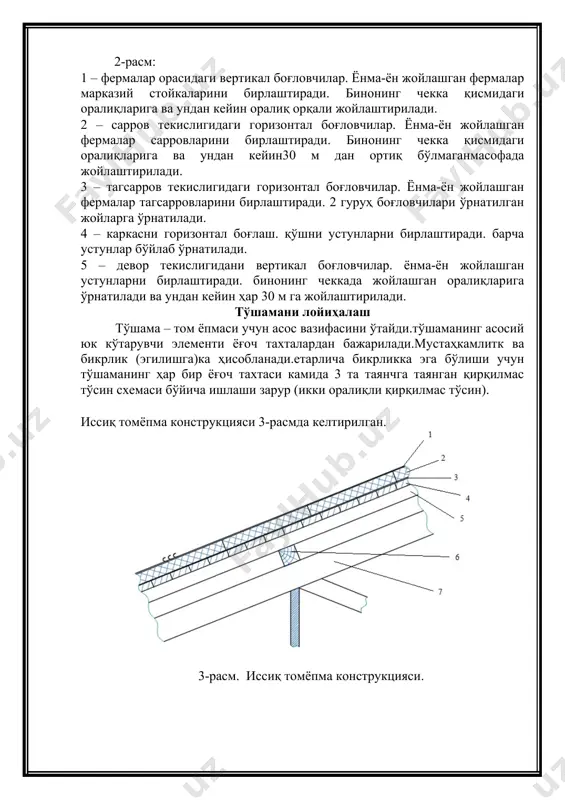 аш: бу ерда []=150 –сиқилган оралиқ ховонлар учун чегаравий эгилиш. агар max >70, қуйидаги формула бўйича ҳисоблаймиз агар max 70, демак = 3000 /103.82 = 0.278 5. ховон бикрлигини текширамиз: c = nр1max / ( ∙ абр) ≤ rс ∙ mв, c = 2111.4/ (0.278 ∙ 100) = 75.94 кг/см2 70, демак = 3000 /101.52 = 0,291 5. ховон устуворлигини текширамиз c = nр1max / (∙ абр) ≤ rс ∙ mв, c = 3167/ (0,291 ∙ 125) = 87.06 кг/см2< 130кг/см2; устуворлик шарти бажарилди. ховоннинг кўндаланг кесими ўлчамларини белгилаймиз р2 100х125 мм. ферма тиргаклари ўлчамларини аниқлаш. ферма тиргаги думалоқ тўқилган пўлатдан ишланади, ry=2300 кг/см2,унда таъсир этаётган кучланишларга ҳисобланади.тиргаклар марказий чўзилишга ишлайди ва резьба ёрдамида заифлаштиришга хизмат қилади. тиргак кесимлари қуйидаги шарт асосида танланади: , бу ердаантст – заифлашишлар инобатга олинган тиргак юзаси nст – тиргакдаги кучланиш ry – чўзилишга пўлатнинг ҳисобий қаршилиги (пўлат с255) γс – иш шароити коэффициенти с1тиргаги …