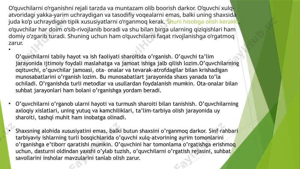 a quyidagi o’qituvchi-olim l.i. nikova taklif etgan jamoani shakllantirish bosqichini qo’llashi mumkin. jamoani dastlabki jipslashtirish jamoani shakllantirish asosida uning har bir a’zosini individual rivojlantirish jamoaning umumiy faoliyatini yo’lga qo’yish. sinf jamoasi tarkibida o’quvchilar tomonidan amalga oshiriluvchi asosiy faolaiyat o’qish faoliyatidir. aynan sinf jamoasida shaxslararo aloqa va munosabatlar tarkib topadi. sinf rahbari esa bu jarayonda o’quvchilar jamoasida ularni nazorat qilish, boshqarish, rivojlantirish va psixologik muhitni saqlashni ta’minlaydi. shuningdek, sinf rahbari o’z guruhidagi psixologik muhitni, uning jipsligini, guruhda o’quvchilarning bir-biriga bo’lgan munosabatini aniqlashda psixologning yordami va o’rni alohida ahamiyatga ega. shu o’rinda taniqli rus pedagogi, a.s. makarenkoning o’qituvchining kasbiy fazilati to’g’risidagi fikrlarni keltirb o’tishni joiz deb bildim. “pedagog darsda ma’lum bir o’ziga xos rolni o’ynamasligi mumkin emas. sinf sahnasida rol o’ymashni bilmaydigan o’qituvchi kasbiy faoliyat olib borolmaydi. u ma’lum ma’noda aktyor.bizning xulq-atvorimiz, fe’limiz,harakterimiz biz uchun pedagogic qurol bo’lishi ham also mumkin emas. bolalarni qalb va ko’ngil azoblari bilan, hijronli xis-tuyg’ularimiz yordamida tarbiyalashga …