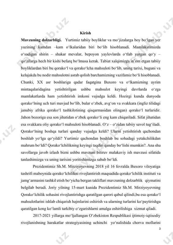 alishi jarayonlarini ochib bershga harakat qildik. mavzuni o‘rganishdan maqsad va vazifalar. bitiruv malakaviy ishni tadqiq etishda qorako‘l va qorako‘lchilikning paydo bo‘lishi, buxoro qorako‘li tavsifining qadimgi davr va o‘rta asr manbalarida yoritilishi, qadimgi davrlarga oid buxoro qorako‘li haqidagi ma’lumotlar tavsifi, buxoro qorako‘li shuhratining o‘rta asr manbalarida yoritilishi, xix asr oxiri – xx asr boshlariga oid manbalarda buxoro qorako‘lining jahondagi shuhrati, buxoro qorako‘lining bugungi holati xususidagi fikrlarni o‘z oldimizga maqsad qilib oldik. ushbu maqsaddan kelib chiqib, quyidagilarni alohida vazifa qilib belgilashni lozim topdik. -buxoro qorako‘li va qorako‘lchilikning paydo bo‘lish tarixi, eng qadimgi zamonlarda qo‘ychilik va uning ilohiylashtirilishi bilan bog‘liq fikrlarni alohida tizimga solish orqali yurtimizda qorako‘lchilikning ilk ildizlariga umumiy tavsif berish; -buxoro qorako‘lining o‘rta asr manbalarida uchrashi va uning shuhrati masalasini yoritish, sharqda xitoy va g‘arbda yevropagacha bo‘lgan mintaqalarda qorako‘l va qorako‘lcha shuhrati haqidagi fikrlarni ochib berish; - xix asrning o‘rtalarida turkiston o‘lkasi rossiya imperiyasiga qaram qilinib, qorako‘lning chetga ko‘plab eksport qilinishi …