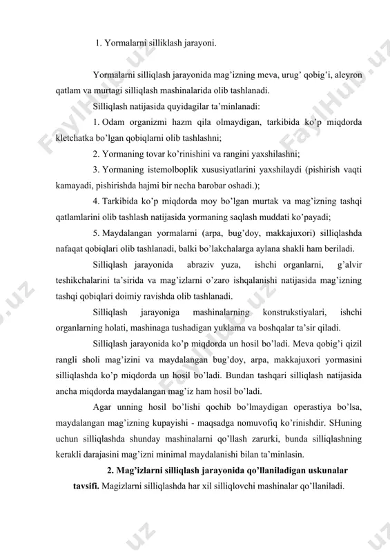 rda un hosil bo’ladi. meva qobig’i qizil rangli sholi mag’izini va maydalangan bug’doy, arpa, makkajuxori yormasini silliqlashda ko’p miqdorda un hosil bo’ladi. bundan tashqari silliqlash natijasida ancha miqdorda maydalangan mag’iz ham hosil bo’ladi. agar unning hosil bo’lishi qochib bo’lmaydigan operastiya bo’lsa, maydalangan mag’izning kupayishi - maqsadga nomuvofiq ko’rinishdir. shuning uchun silliqlashda shunday mashinalarni qo’llash zarurki, bunda silliqlashning kerakli darajasini mag’izni minimal maydalanishi bilan ta’minlasin. 2. mag’izlarni silliqlash jarayonida qo’llaniladigan uskunalar tavsifi. magizlarni silliqlashda har xil silliqlovchi mashinalar qo’llaniladi. sholi mag’izini silliqlashda rs-125 va a1-bshm-2,5 rusumli mashinalar qo’llaniladi. maydalangan yormalarni (arpa, bug’doy, makkajuxori) silliqlashda a1-zshn-3 rusumli mashina qo’llaniladi. 9-jadval a1-zshn-3 mashinasining texnik tavsifi № ko’rsatkichlari miqdori 1 unumdorligi: un zavodlarida, bug’doy va javdar uchun kg/sek 0,85...1,2 2 yorma zavodlarida , arpa uchun kg/sek 0,85 3 abraziv doiralarning aylanish chastotasi, ayl\min 850 4 abraziv doiralarning aylanish tezligi, m\sek 20 5 abraziv doiralarning soni, dona 6 6 abraziv doira diametri, mm 450 10-jadval …