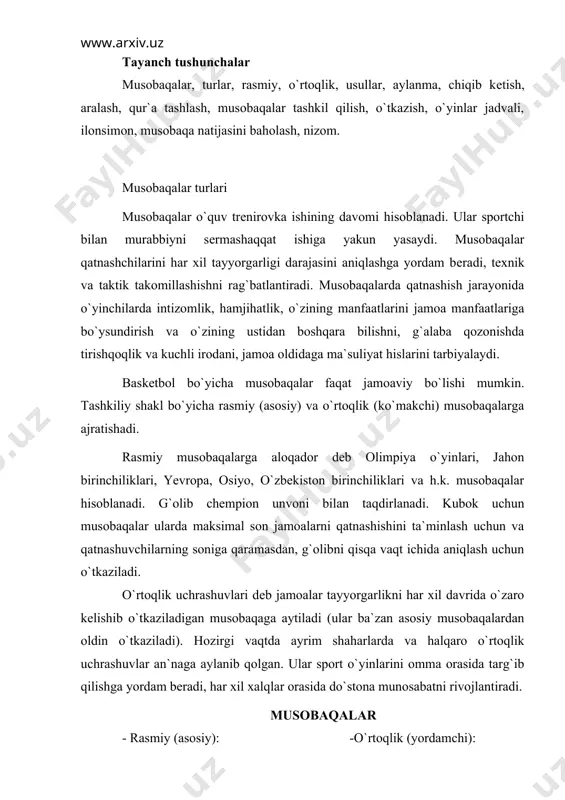 lik (yordamchi): - olimpiya o`yinlari - klassifikatsion yoki - jahon chеmpionatlari saralash turnirlari - ovropo chеmpionatlari - match uchrashuvlar - ovropo kuboklari - nazorat uchrashuvlar - osiyo chеmpionatlari - ko`rgazmali uchrashuvlar - markaziy osiyo o`yinlari - ommaviy-tashviqiy - o`zbеkiston spartakiadasi - tеnglashtiruvchi yoki blis- - o`zbеkiston birinchiligi turnirlar - o`zbеkiston kubogi - viloyat. shahar, tuman birinchiligi musobaqa o`tkazish usullari baskеtbol bo`yicha musobaqalar o`tkazishni uch usuli qo`llaniladi: aylanma, chiqib kеtish va aralash usuli. musobaqa o`tkazishni u yoki bu usulini qo`llash musobaqalarning vazifasi, sport inshoatlari holati, qatnashchilarni tayyorgarlik darajasi, moddiy vositalar, o`tkazish muddati va hokazolarga bog`liq bo`ladi. aylanma usul. mazkur usul bilan musobaqa o`tkazish tamoyili shundan iboratki, bunda har bir jamoa bir-biri bilan bir martadan (1 krug) yoki bir nеcha marta (2 va undan ko`p krug) uchrashadilar. aylanma usul faqat musobaqa g`olibini oqilona aniqlab qolmay, balki barcha qatnashuvchi jamoalarning sport - tеxnik tayyorgarligiga munosib egallangan o`rnini aniqlab bеradi. aylanma usulning asosiy kamchiligi …