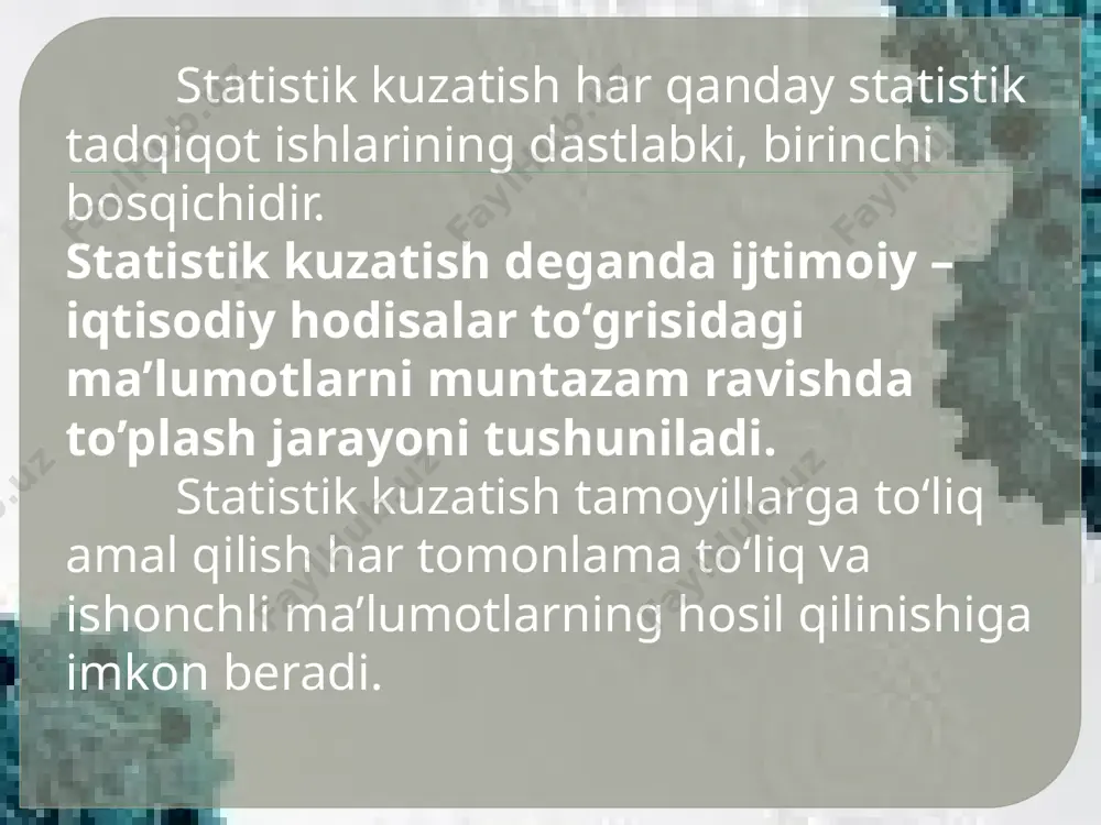 hlarga bo‘linadi. uzluksiz (joriy) kuzatish uzluksiz ravishda fakt sodir bo‘lishi bilan qayd qilinishi tushuniladi va u o‘rganilayotgan xodisa va jarayonlar to‘g‘risida tuliq ma’lumot tuplash imkonini beradi. to‘planadigan ma’lumotlar manbaiga qarab: bevosita, hujjatli va so‘roq orqali o‘tkaziladigan kuzatishga bo‘linadi. bevosita kuzatish, o‘rganiladigan hodisalar belgilarini qayd qiluvchilar tomonidan o‘lchash, sanash, qarab chiqish natijasida faktlarni aniqlash asosida amalga oshiriladi. masalan: inventarizatsiya natijasida tovar qoldiqlarini aniqlash va hokazo shu singarilar. hujjatli kuzatish ma’lumotlar manbai sifatida turli hujjatlardan foydalanish asosida amalga oshiriladi. ma’lumki korxonalar faoliyati to‘g‘risidagi hisobotni tuzish uchun, buxgalteriya hisobining hujjatlaridan foydalaniladi. so‘roq orqali kuzatish esa so‘roq qilinayotgan shaxslarning javoblari asosida olinadigan ma’lumotlar orqali amalga oshiriladi. kuzatishning bu turi axolini ro‘yxatga olish, turli sotsiologik va ko‘pchilik fikrini o‘rganish singari tadbirlarga xosdir. statistik kuzatishda nima uchun? degan savolga kuzatish maqsadi va vazifalari, nima? degan savolga esa kuzatish obtekti, uning birligi va dasturi, statistik formulyarlar va ularni tuzish uchun yo‘riqnomalar javob beradii. kim? kuzatish subyekti, qachon? …