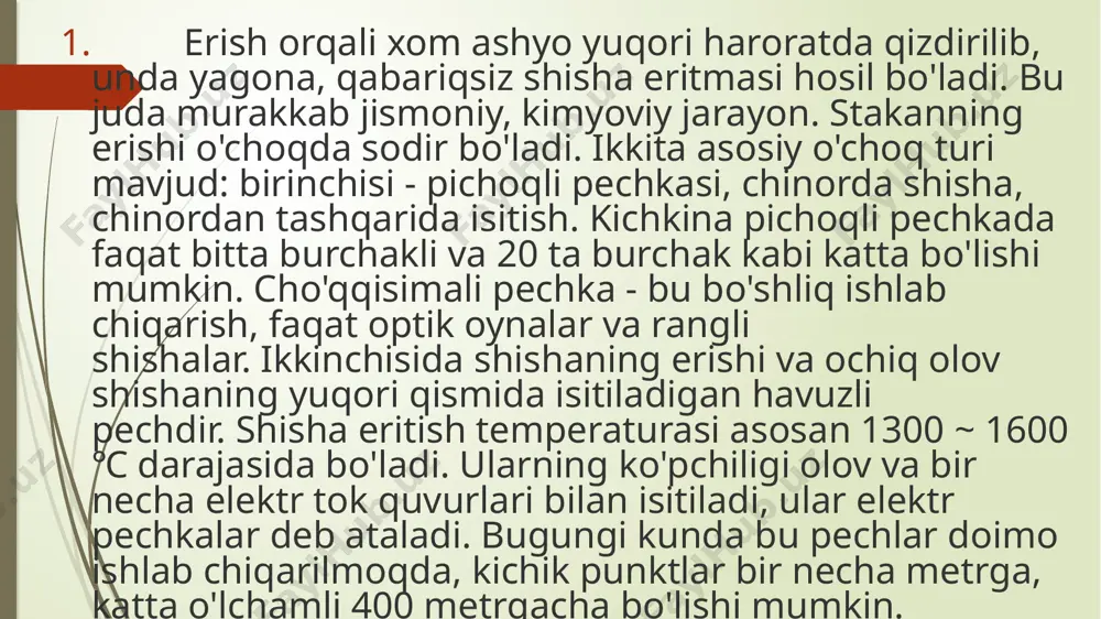 rtikal chizish usuli, tekis chizish usuli va float usuli hisoblanadi. floatatsiya suyuq shisha eritilgan metall yuzasida suyuqlikka yo'l qo'yadigan usul bo'lib, u tekis shishani hosil qiladi. uning asosiy afzalliklari yuqori sifatli (tekis, silliq), tezkor chizilganlik tezligi va katta chiqindilar. keyin, bu shisha idishga issiqlik va shakldagi keskin o'zgarishlarga duch keladi, bu esa shisha ichidagi issiqlikni pasaytiradi. ushbu termal stress shisha mahsulotlarining mustahkamligi va termal barqarorligini pasaytiradi. to'g'ridan-to'g'ri sovutilsa, sovutish paytida yoki undan keyin saqlash, tashish va ishlatish (odatda shishaning sovuq portlashi deb ataladi) paytida yorilish ehtimoli bor. sovuq portlash hodisalarini bartaraf etish uchun shisha mahsulotlarni shakllantirishdan keyin parraklash kerak. tavlama, stakan ichidagi termal stressni ruxsat etilgan qiymatiga olib tashlash yoki kamaytirish uchun ma'lum bir harorat oralig'ida bir necha vaqt davomida asta-sekin sovuq yoki ushlanib turadi. bundan tashqari, ayrim shisha mahsulotlari kuchini oshirish uchun qattiqlashishi mumkin. bunga quyidagilar kiradi: qalin shisha, stol shisha, avtomobil shisha va hokazo. uchun fizik chidamlilik (söndürme) …
