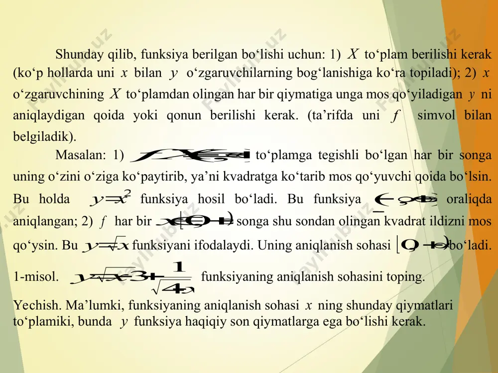 di. 3 xy funksiya 3 yx teskari funksiyaga ega bo‘ladi. o‘zaro teskari bo‘lgan funksiyalarning grafiklari xy to‘g‘ri chiziqqa nisbatan simmetrik bo‘ladi. 3. foydalilik funksiyasi. kobb-duglas funksiyasi. iqtisodiy nazariya va amaliyotda funksiya keng qо‘llaniladi. iqtisodda uchraydigan funksiyalar turlari rang barangdir, chiziqli funksiyadan tortib to maxsus funksiya deb nomlanuvchi funksiyalargacha qо‘llaniladi. bu bo’limda ishlab chiqarish funksiyalari berilgan. bu “kobb -duglas” funksiyalari deyiladi. ikkita xom-ashyo k va l da ishlab chiqarish funksiyasi qakl bu yerda a, α va β - parametrlar. (α –yunoncha harf " alfa ", β- «beta» deyiladi). ko’p yillar oldin, ikki iqtisodchilar cobb va duglas bu ko’rinishdagi funksiyani aniqlashgan . berilgan statistik ma’l umotlarga qarab ishlab chiqarish va xom ashyo orasidagi bog’lanish o’rnatishgan. iqtisodchilar ishlab chiqarish funksiyalarini yanada murakkab turlarini ishlab chiqgan bo’lsalar -da, cobb – duglas funksiyasi bu asosiy ishlab chiqarish funktsiyasi bo’lib, talablar, narxlar, ishlab chiqariash darajasi, iste’mol bilan kompaniyaning munosabatlarni tekshirishda boshlang’ich nuqta hisoblanadi . cobb - …
