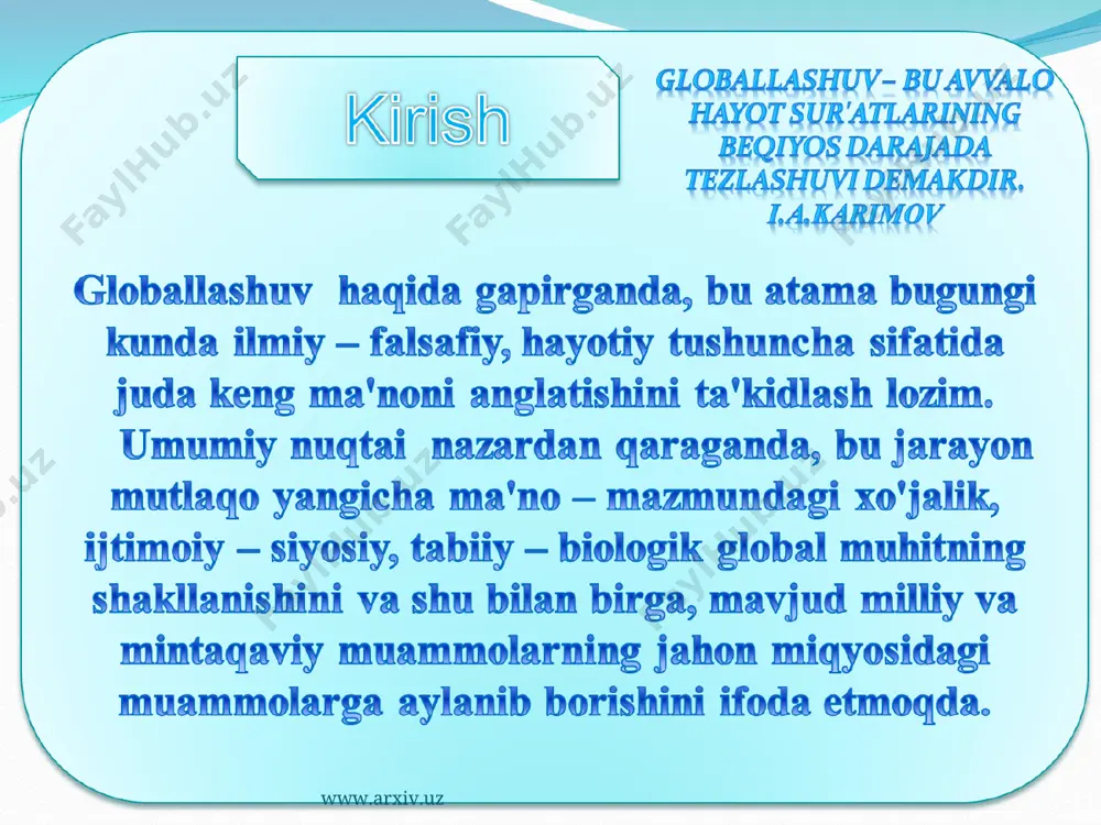i jadallashdi, mif, din, falsafa, fan, ekologiya bilan bir qatorda global ong ijtimoiy ongning yana bir shakli sifatida paydo bo'ldi. www.arxiv.uz www.arxiv.uz globalistika. jahon rivojlanishining eng yangi tendensiyalarini anglab yetish borasidagi ko'p sonli sa'y-harakatlar globallashuv jarayonlarining mohiyati, tendensiyalari va sabablarini, ular ta'sirida yuzaga kelayotgan global muammolarni aniqlash va bu jarayonlarning oqibatlarini anglab yetishga qaratilgan fanlararo ilmiy tadqiqotlar sohasi – globalistika paydo bo'lishiga olib keldi. kengroq ma'noda «globalistika» atamasi globallashuvning turli jihatlari va global muammolarga oid ilmiy, falsafiy, madaniy va amaliy tadqiqotlarni, jumladan ularning olingan natijalarini, shuningdek ularni ayrim davlatlar darajasida ham, xalqaro miqyosda ham iqtisodiy, ijtimoiy va siyosiy jabhalarda amalga joriy etish borasidagi amaliy faoliyatni ifodalash uchun qo'llaniladi. globalistika mustaqil ilmiy yo'nalish va ijtimoiy amaliyot jabhasi sifatida 1960-yillarning oxirlaridan e'tiboran shakllana boshladi, lekin uning paydo bo'lishi uchun obyektiv asoslar ancha oldin yuzaga kelgan edi. www.arxiv.uz www.arxiv.uz mafkuraviy jaroyon tushunchasi 2. millatlar va davlatlarning ijtimoiy, iqtisodiy, siyosiy, manaviy – madaniy rivojlanishidagi …