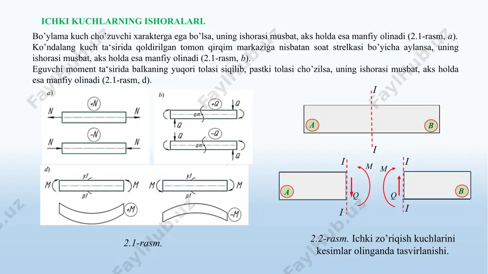 chlanish qaysi koordinata o‘qi bo‘yicha yo‘nalganligini, ikkinchi indeks kuchlanish normali koordinata o‘qiga parallel bo‘lgan yuzada yotishini ko‘rsatadi. elementar ichki kuchlarni topamiz: bosh vektorning tuzuvchilarini topamiz: elementar momentlarni topamiz: bosh momentning tuzuvchilarini topamiz: 9 3. materiallar qarshiligi masalalarini yechish tartibi. materiallar qarshiligi fanida yechiladigan masalalaming asosiy mazmuni quyidagilardan iborat: a) konstruksiya qismlarining o‘ziga xos, ayniqsa xavfli kesimlarida paydo bo'luvchi ichki kuch, kuchlanish, deformatsiya va ko‘chishlami aniqlash; b) konstruksiya qismlarining mustahkamlik, bikrlik, ustuvorlik kabi talablami qanoatlantiruvchi zaruriy, ishonchli va foydalanishga qulayroq o'lchamlarini aniqlash; d) berilgan o‘lchamlar bo‘yicha konstruksiya elementlarining xavf-xatarsiz ishlashini ta'minlovchi eng katta kuch (yuk)larni topish. materiallar qarshiligi fanida statik aniq va statik aniqmas masalalar o‘rganiladi: tekshirilayotgan obyektlaming tayanchlarida hosil bo‘luvchi reaksiya kuchlarini va ularning ixtiyoriy kesimlaridagi ichki kuchlarni faqat statikaning muvozanat tenglamalari yordamida aniqlash mumkin bo‘lgan masalalar statik aniq masalalar deyiladi. aksincha, reaksiya kuchlari va ichki kuchlarni statikaning muvozanat tenglamalari yordamida aniqlash mumkin bo‘lmagan masalalar statik aniqmas masalalar deyiladi. barcha …