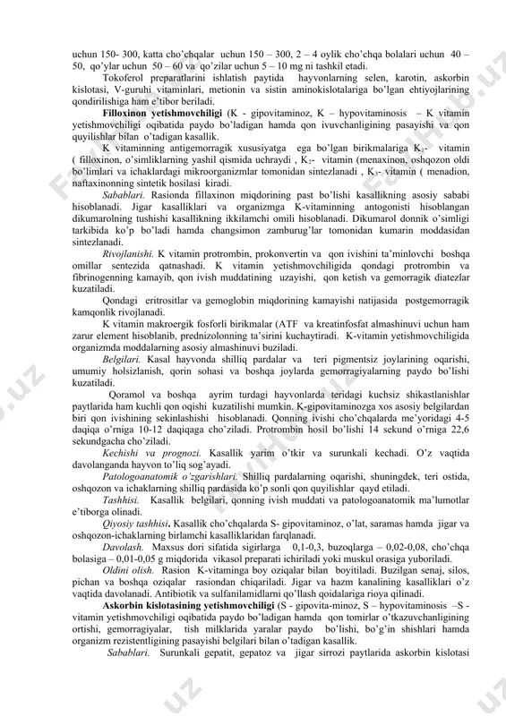 ningdek, tokoferol va rux yetishmovchiligi paytlarida rasiondagi karotin va retinol miqdorlari ko’paytiriladi. hayvonlar organizmining karotin va a vitaminga bo’lgan ehtiyojini tabiiy oziqalar hisobiga qondirishning iloji bo’lmagan paytlarda ularning tayyor preparatlari qo’llaniladi. bunday preparatlarning profilaktik dozalari davolovchi dozalaridan 2 – 4 marta kam bo’ladi. biroq sigirlar va biyalarga tug’ishiga 4 – 6 hafta qolgandan boshlab haftasiga bir martadan muskul orasiga 600000 – 800000 xb, bug’oz cho’chqalarga - 250000 – 350000 xb va sovliqlarga - 150000 – 300000 xb retinol inyeksiya qilinadi. sigirlar va biyalarga 5 – 7, ona cho’chqa va qo’ylarga 2 – 3 ml miqdorida muskul orasiga trivitamin yuboriladi. buzoqlarda kasallikning oldini olish maqsadida ularga uviz sutining dastlabki luqmasi bilan birgalikda retinolli birikma va aralashmalar beriladi yoki shu maqsadda haftasiga 1 – 2 martadan muskul orasiga buzoqlarga 75000 – 125000 xb, cho’chqa bolasi va qo’zilarga 40000 – 50000 xb retinolning yog’li konsentratidan inyeksiya qilinadi. buzoqlarning 2 – 3 haftaligidan boshlab …