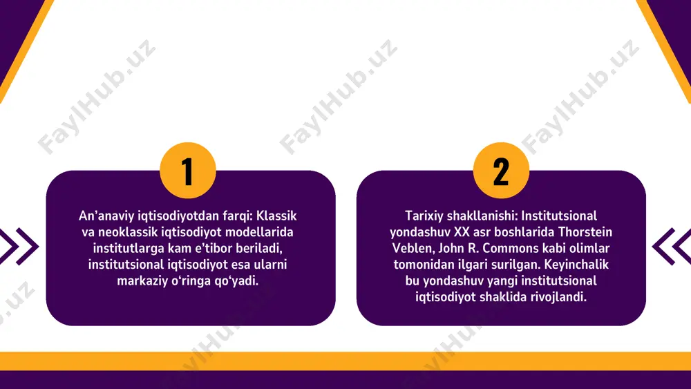 adi. ronald coase, douglass north va oliver williamson kabi olimlar bu yo‘nalishni ilmiy asoslashda katta hissa qo‘shgan. ularning ishlari institutlarning iqtisodiy natijalarga qanday ta’sir qilishini tahlil qilishda muhim nazariy asos bo‘lib xizmat qiladi. xulosa taraqqiyot iqtisodiyotida institutlarning roli alohida ahamiyatga ega. rivojlanayotgan mamlakatlarda iqtisodiy o‘sish ko‘pincha institutlarning zaifligi bilan cheklanadi. qonun ustuvorligi, mulk huquqlari, korrupsiyaga qarshi kurash va siyosiy barqarorlik kabi omillar iqtisodiy taraqqiyotning ajralmas tarkibiy qismlaridir. acemoglu va robinsonning “why nations fail” asarida keltirilganidek, inkluziv institutlar taraqqiyotga olib keladi, ekstraktiv institutlar esa tanazzulga sabab bo‘ladi. ijtimoiy institutlar — madaniyat, urf-odatlar, diniy e’tiqodlar — iqtisodiy xulqni shakllantirishda muhim rol o‘ynaydi. ijtimoiy kapital, ya’ni ishonch, hamkorlik va tarmoq aloqalari, iqtisodiy faoliyatni yengillashtiradi va tranzaksiya xarajatlarini kamaytiradi. formal va informal institutlar o‘rtasidagi o‘zaro ta’sir iqtisodiy tizimning barqarorligi va moslashuvchanligini belgilaydi. institutsional islohotlar esa iqtisodiy siyosatning muvaffaqiyatli amalga oshirilishi uchun zaruriy shart hisoblanadi. islohotlar faqat texnik darajada emas, balki siyosiy irodaga, ijtimoiy qo‘llovga …