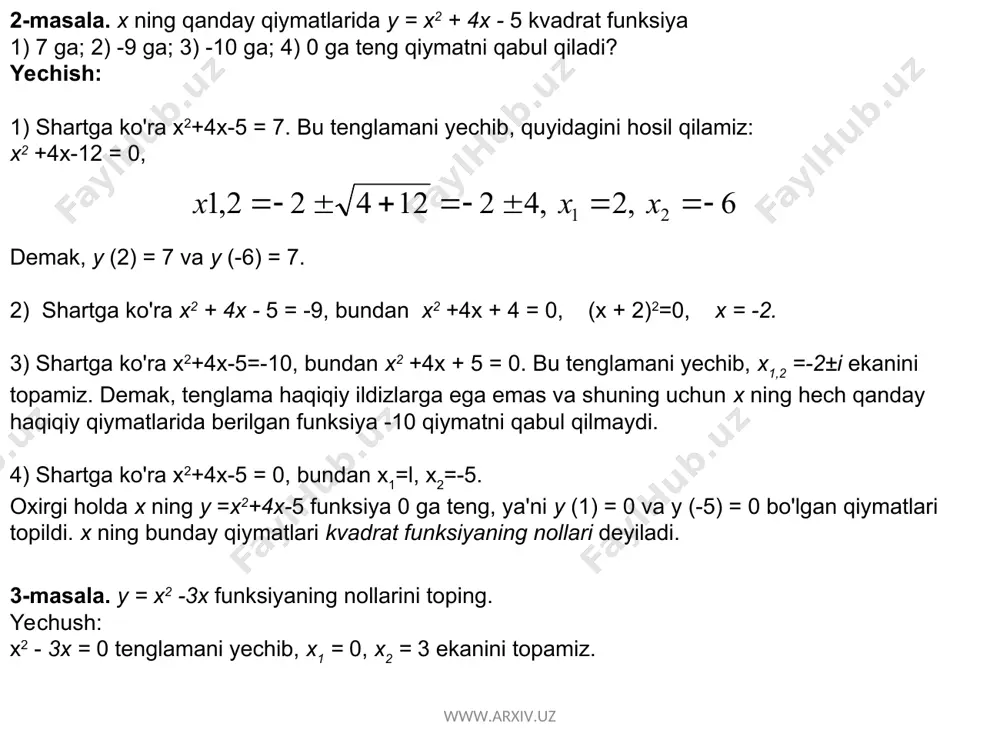 aymiz. x ning har bir qiymatida y=(x—1)2 +2 funksiyaning qiymati y=(x-1)2 funksiyaning qiymatidan 2 taga ortiq. demak, y=(x-l)2 +2 funksiyaning grafigi y=(x-l)2 parabolani ikki birlik yuqoriga siljitish bilan hosil qilingan parabola bo'ladi (11- rasm). shunday qilib, y=x2-2x+3 www.arxiv.uz x -3 -2 -1 0 1 2 3 y=x2-2x+3 18 11 6 3 2 3 6 1 2 3 -3 -2 -1 0 x 3 y 6 11 18 2 0 1 x1 x1+1 x y y=x2 y1 y=(x-1)2 0 1 x1+1 x y y=(x-1)2+2 y=(x-1)2 y1+2 y1 2 www.arxiv.uz ftinksiyaning grafigi y=x2 parabolani bir birlik o'ngga va ikki birlik yuqoriga siljitish natijasida hosil qilingan parabola bo'ladi (40- rasm). y=x2-2x+3 parabolaning simmetriya o'qi ordinatalar o'qiga parallel va parabolaning uchi boigan (1; 2) nuqtadan o'tgan to'g'ri chiziq bo'ladi. y=a(x—x)2 +y0 funksiyaning grafigi y=ax2 parabolan agar x0>0 bo'lsa, abssissalar o'qi bo'yicha o'ngga x0 ga, agar x0 0 bo'lsa, ordinatalar o'qi bo'ylab yuqoriga y0 ga, …