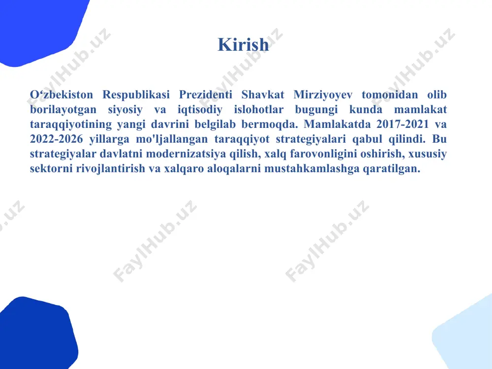 shtirish hamda modernizatsiya qilish jarayonlariga faol jalb etish maqsadida “taraqqiyot strategiyasi” markazi tashkil etildi. eng asosiysi, bolalar mehnati va majburiy mehnat bartaraf etildi. xalqaro va milliy hamkorlar bilan paxta yig‘im-terimi mavsumida bolalar mehnati va majburiy mehnatdan foydalanmaslik yuzasidan milliy monitoring tizimi yaratildi. buni jahon hamjamiyati tan olmoqda. taraqqiyot strategiyasi loyihasining 19-maqsadi – advokatura institutining inson huquqlari, erkinliklari va qonuniy manfaatlarini himoya qilishdagi salohiyatini tubdan oshirish, shuningdek, aholi va tadbirkorlik sub’ektlarining malakali huquqiy xizmatlarga bo‘lgan talabini to‘liq qondirishdan iborat. harakatlar strategiyasi doirasida yurtimizda ommaviy axborot vositalarining jamoatchilik nazoratini amalga oshirish borasidagi o‘rni va ahamiyati qonunchilik negizida tubdan kuchaytirilgandi. taraqqiyot strategiyasida ana shu tashkiliy-huquqiy asoslarni takomillashtirish ko‘zda tutilgani yangi davr talabidir. o'zbekiston taraqqiyot strategiyasining natijalari va kelajakdagi rejalar erishilgan yutuqlar: 2017-2021 yillarda qabul qilingan strategiya doirasida o'zbekiston bir qator sohalarda, jumladan, iqtisodiy islohotlar, bank tizimi islohoti, eksport salohiyati oshishi va chet el investitsiyalari jalb qilishda katta yutuqlarga erishdi. masalan, xalqaro reyting agentliklarining …
