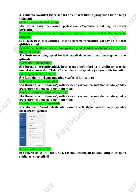 sh mumkin papkalarni, fayllarni, server kompyuteri yoki e-mail ma’lumotlarini kidirish imkonini beradi. 52) bosh menyuning qaysi bo‘limi orqali tizim ma’lumotnomasiga murojat qilinadi "справка и поддержка” 53) rasmda ko‘rsatilganidek bosh menyu bo‘limlari yoki yorliqlari (yarlik) kontekst menyusidan “udalit” amali bajarilsa qanday jarayon sodir bo‘ladi - tanlangan ob`ektni uchirish 54) rasmda keltirilgan amalning vazifasini ko‘rsating: usha faylni копировать qilish 55) rasmda keltirilgan ro‘yxatli element yordamida matnlar ustida qanday o‘zgartirishni amalga oshirish mumkin xarflar shaklini (shriftini) o’zgartirish 56) rasmda keltirilgan ro‘yxatli element yordamida matnlar ustida qanday o‘zgartirishni amalga oshirish mumkin - xarflar kattaligini o’zgartirish 57) microsoft word dasturida, rasmda keltirilgan holatda xujjat qanday bosmaga chiqariladi 3 ta nuxsada chop etiladi 58) microsoft word dasturida, rasmda keltirilgan holatda xujjatning qaysi sahifalari chop etiladi 1dan 16gacha va 10-sahifa 59) microsoft word dasturidagi qaysi tugma yordamida belgilangan matnlarga qalin yozuvli (polujirniy) shakl berish mumkin jirniy - bold (ctrl+b) 60) microsoft word dasturidagi qaysi tugma yordamida belgilangan …