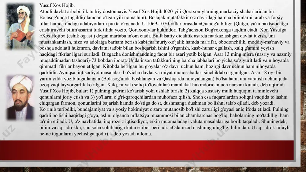 tortib chiqarish uchun qurilgan inshoot) qursa, biron bog' ko'kartirsa yohud birorta xarob bo'lib yotgan joyni obod qilsa, birinchi yili undan hech narsa olmaganlar. ikkinchi yili raiyat o'z roziligi bilan berganini olgan. uchinchi yildagina soliq qonun-qoidasiga muvofiq xiroj yig'ilgan. amir temur angliya va farangiston qirollariga murojaat qilib, xalqaro savdo aloqalarini rivojlantirdi. markaziy osiyo orqali o'tadigan buyuk ipak yo'lida karvonlaming xavfsizligini ta'minladi .mashriqdan mag'ribgacha bo'lgan savdo-sotiq ishlarini kuchaytirib, turli rabodlar, karvonsaroylar, savdo rastalari qurdirdi. buning uchun ma'lum mas'ul shaxslar ajratilgan va doim hisob berib borganlar. atemuming davlat va iqtisodiyot sohasidagi asosiy ftkrlari .temur tuzuklarida to'la bayon etilgan. tuzuklar amir temuming 1342-1405-yillar oralig'idagi faoliyatini aks ettiradi va ikki qismdan (maqoladan) iborat. birinchi qismda asosan yagona davlat barpo etish ,uni mustahkamlash ,qo'shni (27) yurt va mamlakatlarni zabt etish masalalari yoritilgan bo'lsa, ikkinchi qismda sohibqiron nomidan aytilgan o'ziga xos vasiyat, pand-nasihat, turli sohalardagi, shu jumladan, ijtimoiy-iqtisodiyotga oid fikr-mulohazalar keltirilgan. mirzo ulug'bek (1394-1449) mirzo ulug’bek tarixda …