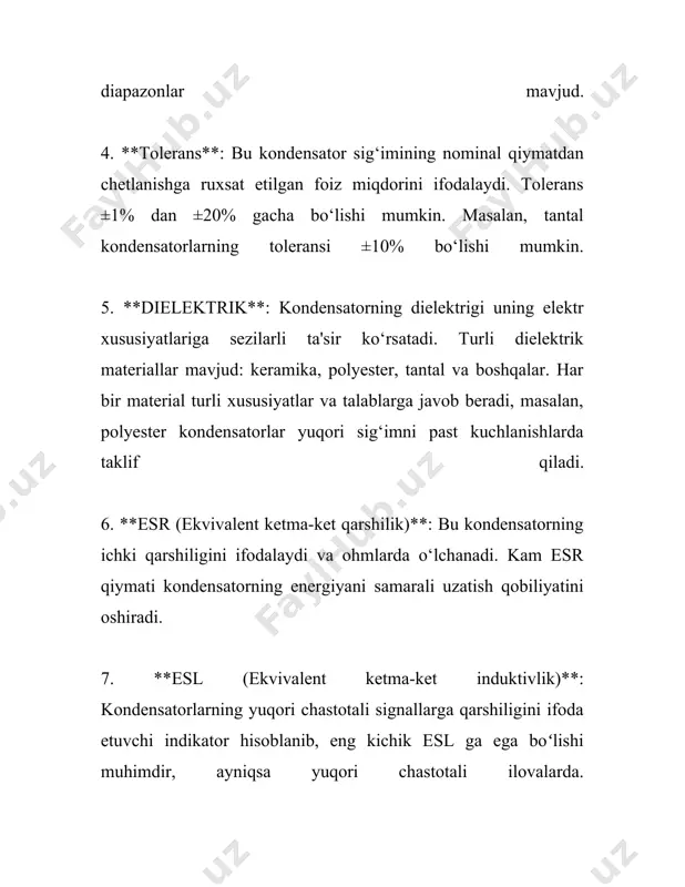 uchlanish tebranishlarini yumshatish va signal chiziqlarini barqarorlashtirish uchun ishlatiladi. - **ac va dc adapterlar:** kondensatorlar o'tkazish qobiliyatini yaxshilash va chiziqlarni barqarorlashtirish uchun, shuningdek elektr energiyasi ketishlarida va ortiqcha tovushlarni bartaraf etish uchun foydalaniladi. kondensator texnologiyasi doimo rivojlanib bormoqda, yangi materiallar va ishlab chiqarish usullari elektr tarmoqlarining samaradorligini oshirishga imkon bermoqda. kengaytirilgan nanotexnologiyalar va yangi dielektrik meteriallar kondensatorlarning ommabopligini oshirmoqda, chunki bu texnologiyalar ularning sig'imini oshirish va o'lchamlarini kamaytirish imkonini beradi. har qanday elektron yoki elektr tizimda, kondensatorlar zarur bo'lib, ularning sifati tizimning umumiy ish faoliyatiga katta ta'sir ko'rsatadi. yangilanishlar va kondensatorlarning yangi modellarini yaratish orqali texnologiyalarni o'zgartirish davom etmoqda, bu esa kelajakda yangi imkoniyatlar yaratyapti va elektr energiya saqlash tizimlarini rivojlantiradi. 3. induktivlik g'altaklarning asosiy xususiyatlari induktivlik g'altaklari – bu elektr zanjirlaridagi asosiy komponentlardan biri bo'lib, ularning asosiy vazifasi magnit maydon yordamida elektr energiyasini saqlash va o'tkazishni ta'minlashdir. induktivlik g'altaklarining qator xususiyatlari va parametrlarini ko'rib chiqamiz. birinchidan, induktivlik g'altaklarining asosiy …
