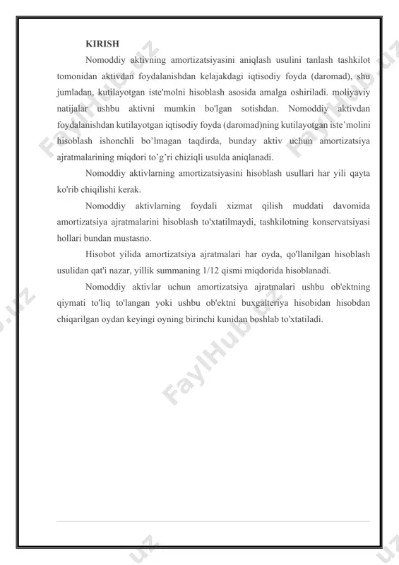 ektning qiymati to'liq qoplanmaguncha yoki ushbu ob'ekt tashkilotga intellektual faoliyat natijalariga mutlaq huquqlar berilishi (yo'qolishi) munosabati bilan buxgalteriya hisobidan tasarruf etilgunga qadar undiriladi. nomoddiy aktivlar bo'yicha amortizatsiya ajratmalari ushbu ob'ektning qiymati to'liq to'langan yoki buxgalteriya hisobidan hisobdan chiqarilgan oydan keyingi oyning birinchi kunidan boshlab to'xtatiladi. nomoddiy aktivlar bo'yicha amortizatsiya ajratmalari ular tegishli bo'lgan hisobot davrining buxgalteriya hisobida aks ettiriladi va tashkilotning hisobot davridagi faoliyati natijalaridan qat'i nazar, hisoblab chiqiladi. nomoddiy aktivlarning amortizatsiyasi haqida ko'proq ma'lumot nomoddiy aktivlarning amortizatsiyasini hisoblash usullari: tanlashga yondashuvlar to'liq amortizatsiya qilingan nomoddiy aktivlar amortizatsiya qilinmaydi va aktivlarning o'zi shartli baholashda buxgalteriya hisobida aks ettiriladi. nomoddiy aktivlarning amortizatsiyasi: hisoblash va hisobga olish maqolada statik va dinamik buxgalteriya hisobi kontseptsiyasi doirasida amortizatsiyaning roli va funktsiyalari ko'rsatilgan, foydali xizmat muddatini aniqlashga umumiy yondashuv va nomoddiy aktivlarning amortizatsiyasini hisoblash usullarini tanlash, nomoddiy aktivlarning yaroqlilik muddatini aniqlash mezonlari berilgan, hisobga olish usullari ko’rib chiqiladi 1. nomoddiy aktivlar qiymatini baholash usullari nomoddiy …