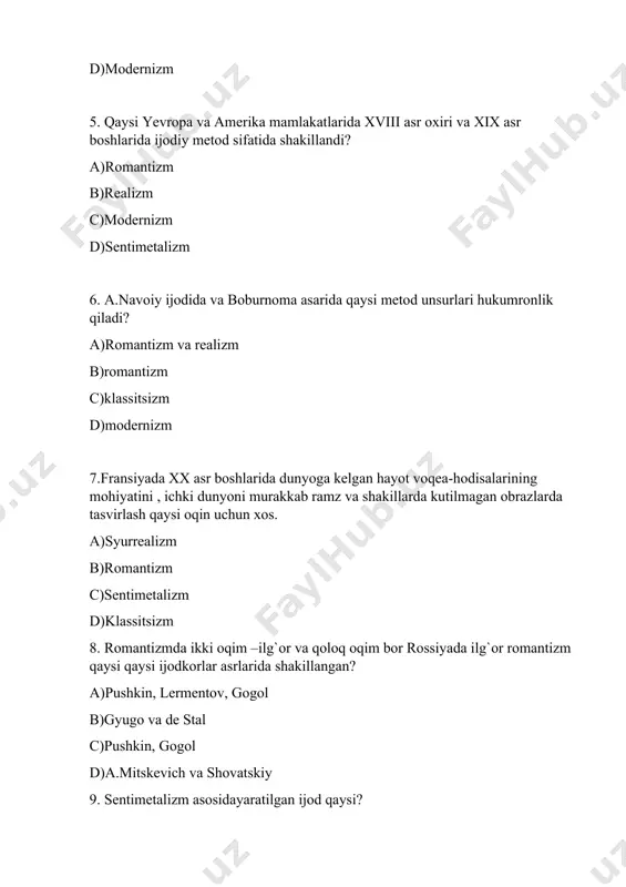 r boshlarida dunyoga kelgan hayot voqea-hodisalarining mohiyatini , ichki dunyoni murakkab ramz va shakillarda kutilmagan obrazlarda tasvirlash qaysi oqim uchun xos? a)syurrealizm b)romantizm c)sentimetalizm d)klassitsizm 12. fransiyada paydo bo`lgan oqimlar qaysi javobda to`g`iri ko`rsatilgan? a)syurrealizm va modernizm b)modernizm va sentimetalizm c)realizm va syurrealizm d)klassitsizm mustaqil ta’lim: 1. shu mavzu bo’yicha 3 bet atrofida tezis yoki maqola yozish. 2. 20-25 ta test tuzish. 3. slayd tayyorlash asosiy adabiyotlar: 1. 1. boboyev t. adabiyotshunoslik asoslari. – t.: o‘zbekiston, 2002. 2. 2. бобоев т. шеър илми таълими. т., 1999. 3. 3. sultonov i. adabiyot nazariyasi. – t.: o‘qituvchi, 2005. 4. 4. terry eglyton. theory literature. – london, 2010. 5. is’hoqov yo. so‘z san'ati so‘zligi. – t.: zarqalam, 2006. 6. quronov d. adabiyot nazariyasi asoslari. t.: “navoiy universiteti”, 2018. 7. a. ulug’ov adabiyotshunoslik nazariyasi, t. 2018. 8. sharafiddinov o. ijodni anglash baxti. – t.: sharq, 2004. 9. karimov o. adabiyotshunoslik: savol-javoblar.uslubiy qo’llanma. namangan, 2018 …