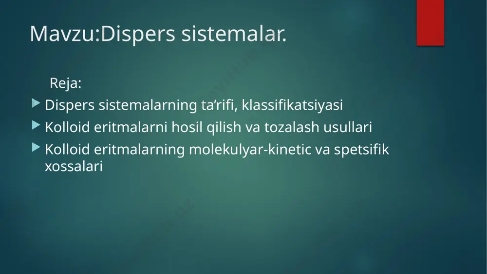 ladi kolloid eritmalarni olinish usullari kolloid eritma zarrachalarining kattaligi jihatdan oraliq holatda bo’lganligi sababli ularni olinish usullari 2ga bo’linadi: disperslash kondensatsiyalash disperslash usuli yirik zarrachalarni maydalashga asoslangan bo‘lsa kondensatsiyalash usuli kichik zarrachalarni kolloid zarrachalar kattaligigacha kattalashtirishga asoslangan usuldir. disperslashni amalga oshirish uchun maydalashni uyidagi usullarini qo`llash mumkin: ─ mexanik usul ─ ultratovush yordamida ─ kimyoviy usul ─ elektr toki yordamida 1. mexanik maydalash maxsus mashinalar yordamida bajariladi. bu mashinalarning ish usuli zarba yordamida maydalash va ishqalashga asoslangan. masalan sharli va kolloid tegirmonlar bo‘lishi mumkin. shunday tegirmonlar yordamida dorilar, kakao, kraskalar olinadi. 2. elektr toki yordamida maydalashda maydalanishi zarur bo‘lgan metalldan tayyorlangan elektrod stabilizator tutgan suyuq muhitga tushiriladi va 5-10 a tok bergan holda elektr uchquni (yoyi) hosil bo‘lguncha yaqinlashtiriladi. elektrodlarning kuchlanishi ≈ 100v. buning natijasida elektrod tayyorlangan metall bug`lanadi va suyuqlikda kondesatsiyalanishi natijasida kolloid eritma hosil bo‘ladi. shunday usul bilan ag, pt, au va boshqa metall zollari olinadi 3.ultratovush maydonida …