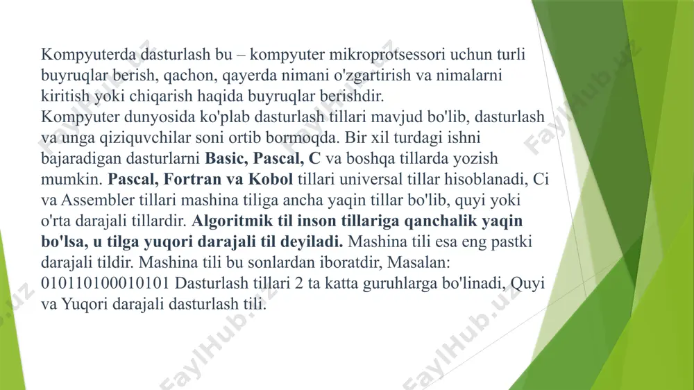 atik taqsimlash va xatolarni tashhis qilish kiritilgan. bunday mashina moslashgan til - assembler tili nomini oldi. odatda dasturlash yuqori saviyali dasturlash tillari (delphi, java, c++, python) vositasida amalga oshiriladi. bu dasturlash tillarining semantikasi odam tiliga yaqinligi tufayli dastur tuzish jarayoni ancha oson kechadi. ko'p ishlatiladigan dasturlash tillari. biz hozir biladigan va ishlatadigan tillarning barchasi shu guruhga mansub. ular insonga "tushunarli" tilda yoziladi. ingliz tilini yaxshi biluvchilar programma kodini qiynalmasdan tushunishlari mumkin. bu guruhga fortran, algol, c, pascal, cobol va h.k. tillar kiradi(ko`pchiligi hozirda deyarli qo`llanilmaydi). eng birinchi paydo bo`lgan tillardan to hozirgi zamonaviy tillargacha ishlatish mumkin. lekin, hozirgi web texnologiya orqali ishlaydigan tillarda(php, asp.net, jsp) bunday dasturlar tuzilmaydi. chunki bunday dasturlarning ishlashi uchun yana bir amaliy dastur ishlab turishi kerak. hozirda, amaliy dasturlar, asosan, visual c++, c#, borland delphi, borland c++, java, python kabi tillarda tuziladi. python dasturlash tili boshqa tillarga nisbatan o‘rganish ancha oson va shu bilan birga imkoniyatlari …