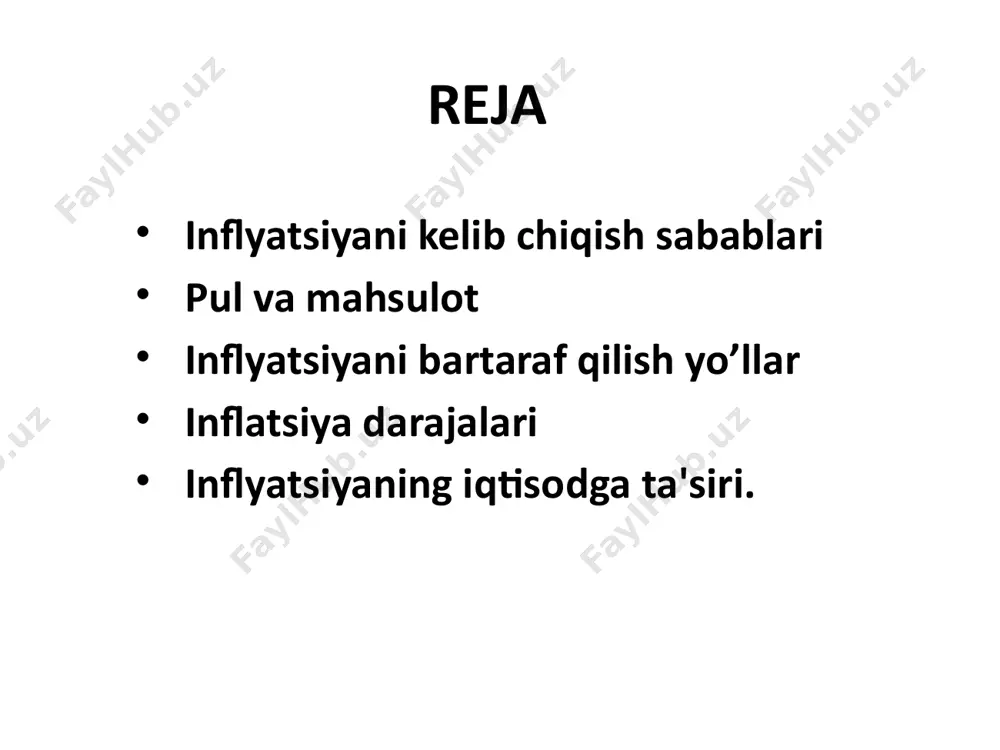a mos kеlishi mumkin. shiddatli infilatsiya: baholarning o`rta yillik o`sishi 10-100% (ba'zida 200% gacha) bo`lishi mumkin. inflyatsiyaning bu turi rivojlanayotgan mamlakatlarda ko`proq uchraydi baholarning o`sish sur'atlari yiliga 200% dan oshib kеtadi. bu inflyatsiya mamlakatlar iqtisodiy rivojlanishining inqirozli davriga mos kеladi va u iqtisodiyot tarkibiy qismlarining o`zgarishi bilan bog`liq. hozirgi davrda xvf baholar oyiga 50% dan oshgan vaqtda bu gipеrinflyatsiya dеb qabul qilgan. gipеrinflyatsiya davrida baholar kun sayin oshib boradi va baholar bilan ish haqi o`rtasidagi farq juda yuqori bo`ladi. aholining yashash sharoiti qiyinlashadi, korxonalar faoliyati yomonlashadi. xujalik faoliyati, bozor faoliyatida naturallashtirish avj oladi. gipеrinflyatsiya rivojlangan mamlakatlarda inflyatsiyaning sharoit va omillari har xilligini hisobga olib uni quyidagi guruhlarga bo`lish mumkin lotin amеrika mamlakatlari -argеntina, braziliya, pеru kabilar kiradi. bu davlatlarga surunkali davlat byudjеta dеfitsiti, iqtisodiy muvozanatning yo`qligi asosiy va oborot fondlar qiymatining doimo indеksatsiya qilinishi, milliy valyuta kursining chеt el valyutasiga nisbatan tushib borishi pul qadrsizlanishining omillari hisoblanadi. bu mamlakatlarda surunkali …