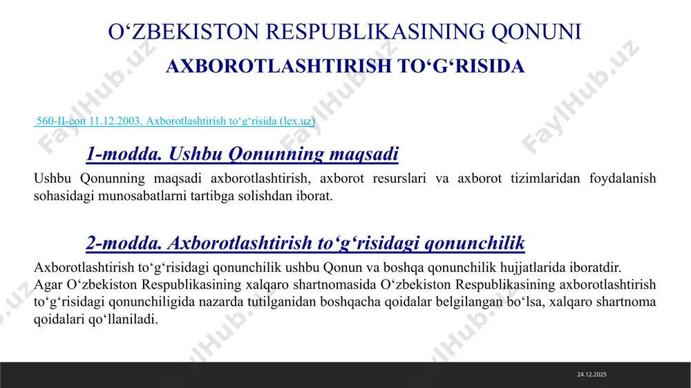ekiston respublikasi vazirlar mahkamasi va u maxsus vakolat bergan organ amalga oshiradi. 8-modda. axborotni hujjatlashtirish axborotni hujjatlashtirish axborotni axborot resurslariga kiritishning majburiy shartidir. axborotni hujjatlashtirish tartibi maxsus vakolatli organ tomonidan belgilanadi. axborot resurslarida saqlanadigan va ishlov beriladigan, elektron raqamli imzo bilan tasdiqlangan axborot elektron hujjat bo‘lib, qog‘oz hujjat bilan bir xil yuridik kuchga ega. elektron hujjatni va elektron raqamli imzoni shakllantirish hamda ulardan foydalanish bilan bog‘liq munosabatlar qonun bilan tartibga solinadi. 12-modda. axborot resurslaridan foydalanish axborot resurslaridan foydalanuvchilar axborot resurslaridan erkin foydalanishda teng huquqlarga ega, erkin foydalanilishi cheklab qo‘yilgan axborot resurslari bundan mustasno. axborot resurslaridan foydalanganlik uchun belgilangan tartibda haq olinishi mumkin. axborot bilan ta’minlashga doir axborot va xizmatlar ro‘yxatlarini, axborot resurslaridan erkin foydalanish tartibi hamda shartlari haqidagi ma’lumotlarni axborot resurslarining mulkdorlari va egalari foydalanuvchilarga bepul taqdim etadi. yuridik va jismoniy shaxslar qonuniy asoslarda axborot resurslaridan o‘zlari olgan axborotdan axborot manbaini albatta havola etgan holda hosila axborot yaratish uchun foydalanishlari …