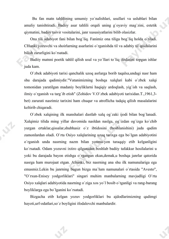 alarning mavjudligi o`rta osiyo xalqlari adabiyotida nasrning o`ziga xos yo`l bosib o`tganligi va rang-barang boyliklarga ega bo`lganini ko`rsatadi. bizgacha etib kelgan yozuv yodgorliklari bu ajdodlarimizning qadimgi hayoti,urf-odatlari,so`z boyligini ifodalovchi manbalardir. mug` tog`i qasrida topilgan sug`d kalendari, dunxuanda (sharkni sintszyan) topilgan sug`d tilidagi ona bilan qiz o`rtasida yozilgan oilaviy xat kabilar shu xarakterda bo`lib,badiiy proza elementlariga ega. ma`lumki,o`rxun-enasoy yodgorliklari,o`rta osiyo xalqlarining vi - viii asrlarga oid qimmatli yodgorliklari bo`lib,unda qabr toshlariga uyib yozilgan ta`rix,marsiya va turli hujjatlar badiiy ifoda etilgan.ushbu yodgorliklar qator olimlarning diqqatini tortgan, chuqur tekshirilgan.shunga qaramay, hanuzgacha uning janr xususiyatlari haqida turlicha fikrlar mavjud.masalan, v.jirmunskiy, a.shcherbak kabi olimlar uni proza yodgorligi deb atasalar, a.bernshtam, i.stebleva, a.qayumov kabi olimlar uni turk xalqlari poeziyasining go`zal namunasi degan xulosaga keldilar. buni i.stebleva o`zining shu yozuv tadqiqotiga doir maxsus kitobida asoslashga harakat qiladi: o`rxun asarlarining badiiy tuzilish vositalari majmuasi, ma`nolar paralllelligida ritmlardan ustalik bilan foydalanish, ohangdosh so`zlarni keng ravishda ishlatish, sajlarning yuqori darajali …