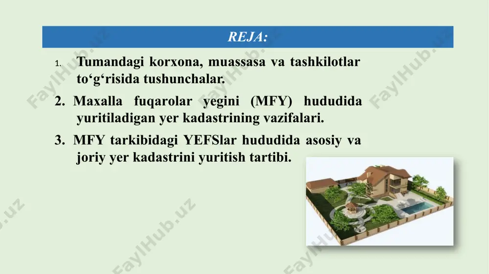 mumiy ko‘rinishi quyidagi rasmda keltirilgan: hozirgi kundagi amaliyotda yer tuzish, kadastr, kartografiya va boshqa ayrim sohalarda massiv atamasi tuman (shahar) yer fondining ma’lum bir qismini ifoda etgan holda asosan sobiq 6 shirkat xo‘jaliklari hududi(2007 yilgacha) doirasidagi yer maydoni qabul qilingan. ning ammo, chegara massiv tushunchasi o‘z ma’no-mohiyati, maqomi yoki kadastr hujjatlari bo‘yicha hech qanday huquqiy maqomga ega bo‘lmay qoldi. ushbu ob’ektiv sharoitdan kelib chiqqan holda “massiv” tushunchasini iste’moldan chiqargan holda ularning yer fondi tarkibida tashkil etilgan mahalla fuqarolar yig‘inlari hududlarini birlamchi ma’muriy-hududiy birlik sifatida yer kadastri sohasiga uchun ham dastlabki ahborot manbasi deb qabul qilish maqsadga muvofiqdir. “massiv” atamasining mohiyati bugungi mavzu mohiyatiga ko‘ra korxona, muassasa va tashkilotlarda yer kadastrini yuritishning vazifasi va ahamiyatiga urg‘u bergan holda ularni yefs sifatida tadqiq qilish zarur bo‘ladi. shunda amaldagi massivlar tarkibida 2018 yildan boshlab tashkil qilingan mahalla fuqarolar yig‘ini doirasida yer kadastri hujjatlarini shakllantirishni taqozo etmoqda. mahalla fuqarolar yig‘ini hududida yer kadastri 7 …