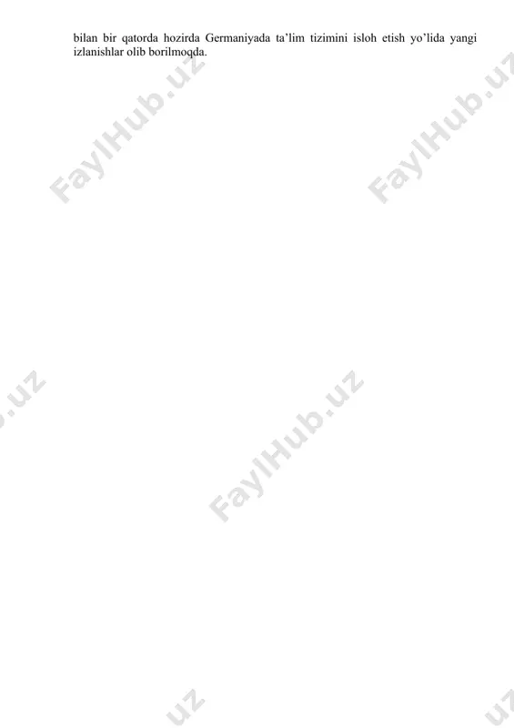 i mustaqil faoliyatga tayyorlash, bozor munosabatlari sharoitida o’quvchilarni tadbirkorlikka, ishbilarmonlik va omilkorlikka o’rgatish, shunga yarasha kasb-korga ega qilishdan iboratdir. bu yerda: davlat maktablari;xususiy maktablar; oraliq maktablari mavjud. fransiya ta’limida bolalarning go’daklik chog’idanoq maktabda o’qitish uchun tayyor holda olib kelish g’oyat muhim masala hisoblanadi. bu bosqichda tarbiyalanuvchilar quyidagicha tabaqalashtirilgan: kichik guruh (2-4 yosh), o’rta guruh (4-5 yosh), katta guruh (5-6 yosh). maktabga tayyorlov guruhi (5-6 yosh) bo’lib, ularga frantsiyada 100% shu yoshdagi bolalar qamrab olingan. bolalarni maktabga tayyorlash uchun alohida dastur va darsliklar mavjud. fransiyada boshlang’ich ta’lim maktablariga 6 yoshdan 11 yoshgacha bo’lgan bolalar jalb qilinadilar. boshlang’ich maktab bepul va majburiy. uning vazifasi o’qish, yozish, hisoblash malakasini berishdir. o’quv mashg’ulotlari ertalab soat 9 dan 12 gacha, hamda soat 14 dan 16 gacha 5 soat davom etadi. maktabda ovqatlanish pullik, lekin juda arzonlashtirilgan narxlarda. boshlang’ich sinflarda o’qish uch bosqichda amalga oshiriladi: tayyorlov bosqichi; elementar kurs (bu bosqich ikki yil davom etadi); chuqurlashtirilgan …