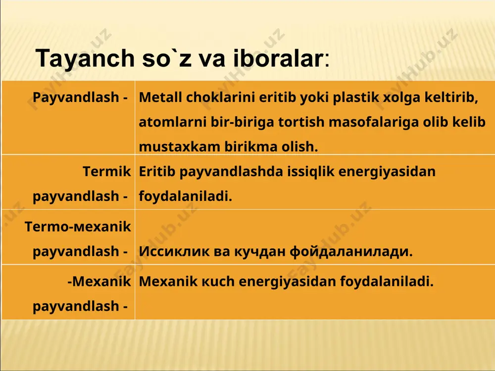 ndagi nuqsonlar joyi, o`lchamlari va turini rentgen nuri bilan aniqlash juda oson. 1–rasm. payvand birikmalarning asosiy xillari а–uchma-uch birikmalar; b – ustma–ust birikmalar; d – burchakli birikmalar; е – tavrsimon birikmalar shuni aytish kerakki, uchma-uch payvandlanadigan birikmalar ba`zi kamchiliklardan ham хоli emas, ya`ni: payvandlanadigan elementlarni (detallarni) yig`ish zarur. shakldor metallar yoki prokatlar (burchakliklar, shivillerlar, tavrlar, qo`shtavrlar) ni uchma-uch payvandlashda qirralariga ishlov berish murakkabroq. а) b) (3+s)s s d) e) ustma-ust birikmada payvandlanadigan qismlar parallel joylashadi va bir-birini berkitib turadi (1–rasm, b). bunday birikmalarning asosiy kamchiliklari quyidagilardir: 1. asosiy metall birikmalarni qoplashga sarflanadi. qalinligi 20 mm gacha bo`lgan birikmalarni ustma-ust payvandlanganda metallni tejash zarurati cheklanadi. 2. bunday birikmalarda yuklanish bir tekis bo`yicha taqsimlanmaydi, shuning uchun bunday birikmalar o`zgaruvchan yoki dinamik (zarbli) yuklanishlarga chidamsizroq. 3. ustma–ust payvandlanadigan listlarning orasidagi choklar bir tomonlama payvandlanadigan bo`lsa, payvandlanmagan choklar birikmaning mustahkamligiga salbiy ta`sir ko`rsatishi mumkun. birikmadagi nuqsonlarni aniqlash qiyin. bunday birikmalarning afzalliklari: 1. birikma ostidagi …