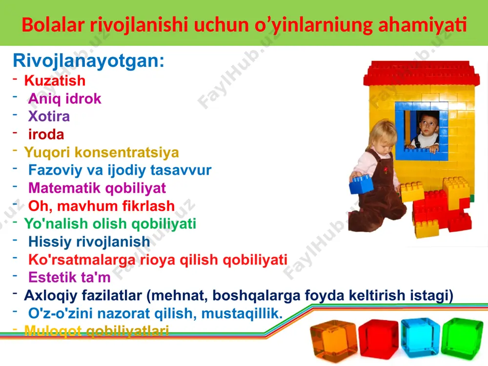vonlar), yopish (darvozalar, uy), shiftlar (darvozalar, garaj, slayd, ko'prik, beshik) bitta ob'ektni turli yo'llar bilan qurish mumkinligini ko'rsatish muhimdir. nozik dizayn ijro etilishi kerak. qurilishning to'g'riligi tekshiriladi , xatolar tuzatildi, barqarorlik. 2-kichik guruhda qurilish nozik dizayn, o'yin bilan to'g'ridan-to'g'ri aloqa. har bir bola uchun stolga qurilish to'plamini qo'yamiz. - mustaqillikni, mikroguruhda muloqot qilish, bir-biriga yordam berish qobiliyatini rivojlantirish kerak. - ish joyida tartibni saqlashni o'rgatamiz. -qurilish materiali: kublar, g'ishtlar, barlar (uchburchak prizmalar), turli o'lchamdagi plitalar, ranglar. - o'qituvchi mas'ul. -binolar murakkablashadi (keng va tor darvozalar, kichik va katta uylar, ikki qavatli binolar), qismlar soni ko'payadi. -namuna oldindan tekshiriladi (devor, tom va hokazo qaysi qismlardan yasalganligi) o'rta guruhdagi qurilish dizayn bo'yicha dizayn paydo bo'ladi. o'z ishining sifatiga (chiroyli va barqaror) qiziqish ortib bormoqda. mikro guruhda o'ynash kerak, ular birgalikda qurishni xohlashadi, lekin har kimning o'z binosi bo'lishi kerak. tsilindrlar qurilish materialiga qo'shiladi, ular o'lchamlari, rangi va o'lchamlari bilan farqlanadi. loyihalashdan oldin …