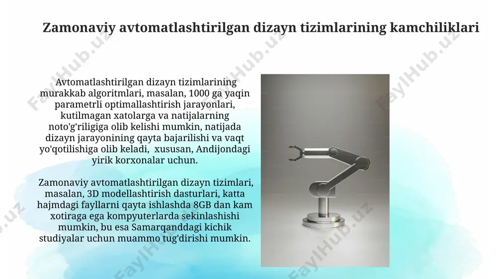 ari, masalan, cnc stanoklarini boshqarish orqali, amerika qo'shma shtatlaridagi zavodlarda 90% gacha aniqlik bilan murakkab geometriyali detallarni ishlab chiqarishga imkon beradi va bu sifatni sezilarli darajada oshiradi. germaniyada ishlab chiqilgan ba'zi cam dasturlari, 5 o'qdan ortiq cnc stanoklarini boshqarish imkoniyatini taqdim etadi, bu esa murakkab sirtlarni ishlov berishda 10 baravar yuqori samaradorlikka erishishga yordam beradi. bulutli texnologiyalar va avtomatlashtirilgan dizayn avtomatlashtirilgan dizayn dasturlari, bulutli infratuzilma bilan birlashtirilganda, 5000 dan ortiq dizayn variantlarini bir necha daqiqada ishlab chiqarishi mumkin, bu esa singapurdagi me'moriy byurolar uchun loyihalash vaqtini sezilarli darajada qisqartiradi. bulutli texnologiyalar, masalan, aws yoki azure kabi platformalar, 2023 yilda avtomatlashtirilgan dizayn jarayonlarini 30% ga tezlashtirishga yordam berdi, bu esa qo'shma shtatlardagi yirik kompaniyalar uchun sezilarli darajada xarajatlarni tejashga olib keldi. mashinani o'rgatish va chuqur o'rganishning qo'llanilishi mashina o'rgatish algoritmlari, masalan, 300 mingdan ortiq dizayn namunalarini o'rgangan holda, tokiodagi binolar uchun yangi arxitektura uslublarini avtomatik ravishda yaratishga qodir. chuqur o'rganish yordamida, …