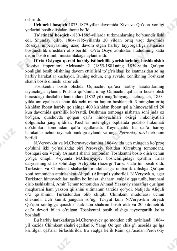 shyo bo’lgan paxtaning yetishmasligi o’rta osiyoni bosib olishga bo’lgan harakatlarni tezlashtirdi. bu davrda aqshda shimol va janub o’rtasida boshlangan fuqarolar urushi (1861-1865) tufayli rossiyaning to’qimachilik sanoati uchun paxta xom-ashyosiga taqchillik vujudga keldi. 19-asrning birinchi yarmida o’rta osiyo xonliklari o’rtasidagi uzoq vaqt davom etgan o’zaro urushlar ularning iqtisodiy va harbiy jihatdan zaiflashib qolishiga olib keldi. bunday vaziyat oxir-oqibat xonliklarning istilo qilinishlarini osonlashtirdi. shunday qilib, 19-asrning o’rtalariga kelib xonliklar o’rtasidagi o’zaro urushlar, ichki nizo va ziddiyatlar, davlat boshliqlarining uzoqni ko’zlab ichki va tashqi siyosat olib bormaganliklaridan nochor ahvolga tushib qoldi. shunday vaziyatda rossiya imperiyasi hukumati o’zining siyosiy, iqtisodiy va geopolitik manfaatlarini ko’zlab o’rta osiyoga harbiy istilochilik harakatlarini boshlaydi. o’rta osiyoga qarshi istilochilik yurishi bosqichlari: o’rta osiyoning rossiya imperiyasi tomonidan bosib olinishi to’rt bosqichda amalga oshirildi. birinchi bosqich-1847-1865-yillarda rossiya imperiyasi tomonidan qo’qon xonligining shimoliy-g’arbiy viloyatlari va toshkent shahri istilo qilindi. istilo etilgan hududlarda orenburg general-gubernatorligi tarkibiga kiruvchi turkiston viloyati tashkil etildi. ikkinchi bosqich-1865-1868-yillarni …