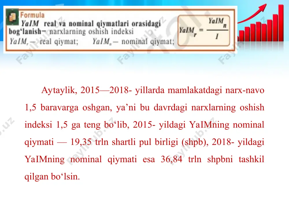 — yammning o‘sish darajasi bilan yoki aholi jon boshiga to‘g‘ri kelgan real yamm ning (yoki yaimning) oshish darajasi bilan ham o‘lchanadi. iqtisodiy o‘sishga ikki xil: ekstensiv va intensiv yo‘llar bilan erishish mumkin. ekstensiv o‘sishga qo‘shimcha miqdordagi ishlab chiqarish resurslarini ishlab chiqarishga jalb etish bilan erishiladi. buning uchun yangi yerlar o‘zlashtiriladi, ko‘plab miqdorda foydali qazilmalar va mehnat resurslari ishlab chiqarishga jalb etiladi. intensiv o‘sish bor resurslardan samarali foydalanish orqali ta’minlanadi. rivojlanayotgan davlatlarning o‘zi yana ikkiga — daromadlar darajasi o‘rtacha va past bo‘lgan davlatlarga bo‘linadi. bu davlatlar iqtisodiyoti asosan xom ashyo eksporti va qishloq xo‘jaligiga ixtisoslashgan. o‘zbekiston daromadlar darajasi o‘rtacha bo‘lgan rivojlanayotgan mamlakatlar qatoriga kiradi. daromadlar darajasi past bo‘lgan mamlakatlarda ishlab chiqarishni rivojlantirishga sarflanadigan sarmoya (investitsiyalar)lar juda kam bo‘ladi. natijada mehnat unumdorligi pastligicha qoladi. ishlab chiqarish hajmi kamayib, o‘sib borayotgan aholi daromadlari borgan sari kamayaveradi mamlakat aholisining turmush darajasi iqtisodiy rivojlanganlik darajasini yaqqolroq ko‘rsatadi. chunki u nafaqat aholi jon boshiga to‘g‘ri keladigan …
