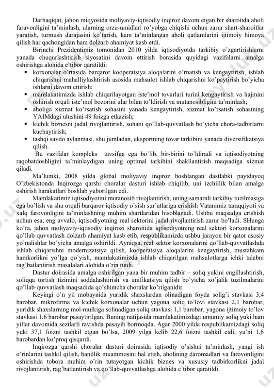 qali butun iqtisodiyot tarkiban qayta tashkil qilindi. ma’lumki, mamlakatimiz aholisi don va don mahsulotlarini nisbatan ko’proq iste’mol qiladi. jumladan, 90-yillarda o’zbekistonda har bir kishi yilida o’rtacha 170 kilogrammdan don mahsulotlari iste’mol qilgan bo’lsa, 1994 yillarda kelib bu raqam 152 kilogrammni tashkil etdi. o’zbekistonda yilida chetdan o’rtacha 3 million tonnaga yaqin bug’doy keltirilardi. mustaqillikning dastlabki yillarida malakatimizda g’alla taqchilligi jiddiy muammoga aylangan edi. yurtimizda atigi 12-15 kunga etadigan g’alla zahirasi qolgan o’ta qaltis va tahlikali kunlarni ham boshidan kechirishga to’g’ri kelgan paytlar ham bo’ldi. islom karimovning “mustaqillikka erishish ostonasida” kitobida bu haqda alohida ta’kidlangan. ana shunday murakkab bir sharoitda birinchi prezident i.a. karimov qat’iyat bilan ish yuritib, tez kunlar ichida rossiyadan 100 ming va ukrainadan 50 ming tonna don keltirishga erishdi. shu tariqa yuz berishi muqarrar bo’lgan don tanqisligi muammosi bartaraf etildi. shundan so’ng birinchi prezidentimiz g’alla mustaqilligi haqidagi masalani kun tartibida qat’iy qilib qo’ydi. g’alla mustaqilligiga erishish yuzasidan ishlar boshlab …