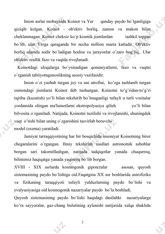 quyoshning tortishish maydoni katta ta'sir ko`rsatgan. meteoritlarda va yer moddasida topilgan radioaktiv elementlar ning yarim yemirilish davriga quyosh sistemasining yoshi 4-5 mlrd. yil ekanligi aniqlangan. akademik o.yu.shmidt fikricha, sayyoralar sovuq holatdagi gaz va chang bulutidan hosil bo`lgan. bulutning gaz qismi quyoshning yaqin atrofidan termik parchalanish sababli fazoga tarqalib ketadi, shuning uchun ham yerga o’xshash sayyoralar kimyoviy tuzilishi jihatidan ulkan sayyoralardan farq. qiladi. ingliz olimi jons quyosh sistemasining paydo bo`lishi haqida gipotezasiga ko’ra, quyosh atrofida sayyoralar sistemasi bo`lmagan. quyoshga juda yaqin masofadan katta massalik "yulduz"lar o`tgan. tortishish kuchi ta'sirida ulardan modda ajralib chiqqan moddaning quyuqlashishi, birlashishidan sayyoralar paydo bo`lgan. yulduzlarning biri ikkinchisiga nisbatan yaqin o’tishi ehtimoli juda kam bo`lganligi sababli bu xato xulosadir. hozirgi tadqiqotlarga ko’ra, yulduzlararo diffuz muhitdagi modda quyuqlashishi natijasida yulduz paydo bo`lgan. galaktikada yulduz va yulduzlararo moddaning nisbati vaqt o’tishii bilan o`zgarib boradi. galaktikaning shakli umumiy galaktik magnit maydonining yo’nalishi bilan belgilanadi. agar galaktika sekin aylanayotgan bo`lsa, yulduzlararo …